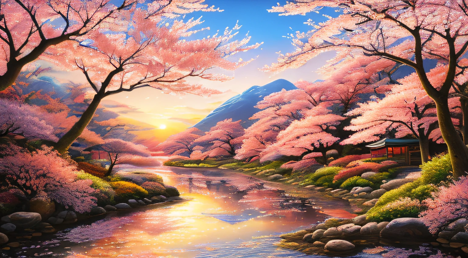 (photorealistic:1.2), illustrated by Hidenori Matsubara, vibrant fantasy landscape, cherry blossom petals falling, illuminated by a warm and inviting sunset, smooth shading and textures, and a subtle glow