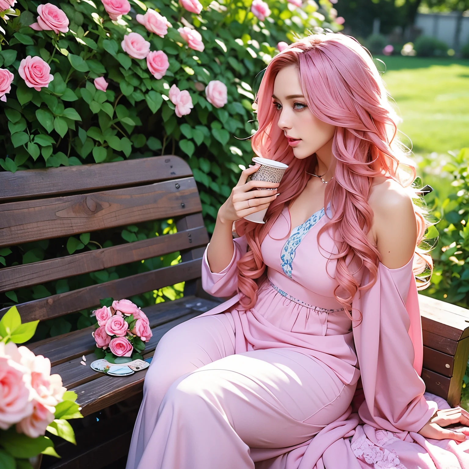 Woman, long curly hair, pink hair, blue eyes, sitting, holding cup, holding cup, sitting on the bench, in the garden, flowers around, Garden, no error in her hands