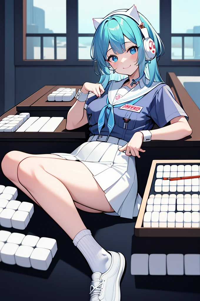 mahjong,​masterpiece,top-quality, shifting, Cat ear headphones, Blue shirt, sailor collar, white skirt, wrist cuffs, sockes, Sneakers look, looking at the viewers, a smile,cigarettes