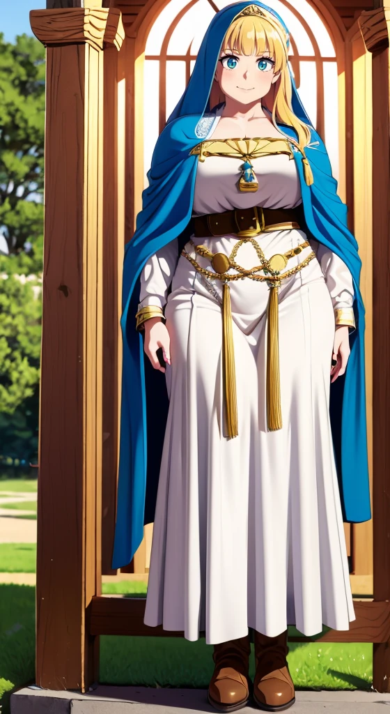 galko,1girl, solo, smile, full body, standing, long skirt, priestess, religious, holy, cute, blush, ,tall female, medieval clothing, white veil, tunic, long skirt,boots, huge brest, curvy,sexy, sensual, volouptouse, thicc, , jade green eyes, makeup, half lipstic,