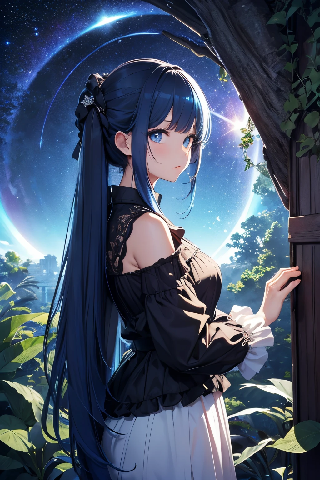 masterpiece、Background with((starrysky、Meteor swarm、black hole))、Depth((Huge fantastic tree、It's glowing.、plants、城市))、a beauty girl、poneyTail、lightblue hair