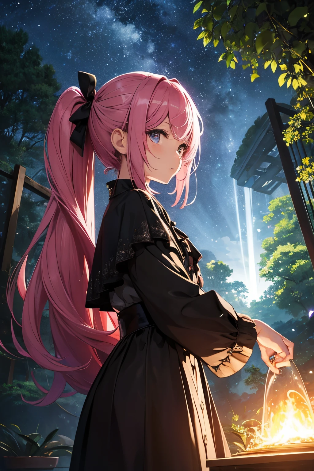 ​masterpiece、Background with（（starrysky、Meteor swarm、black hole））、Depth（（Huge fantastic tree、It's glowing.、plants、城市））、a beauty girl、poneyTail、Pink hair