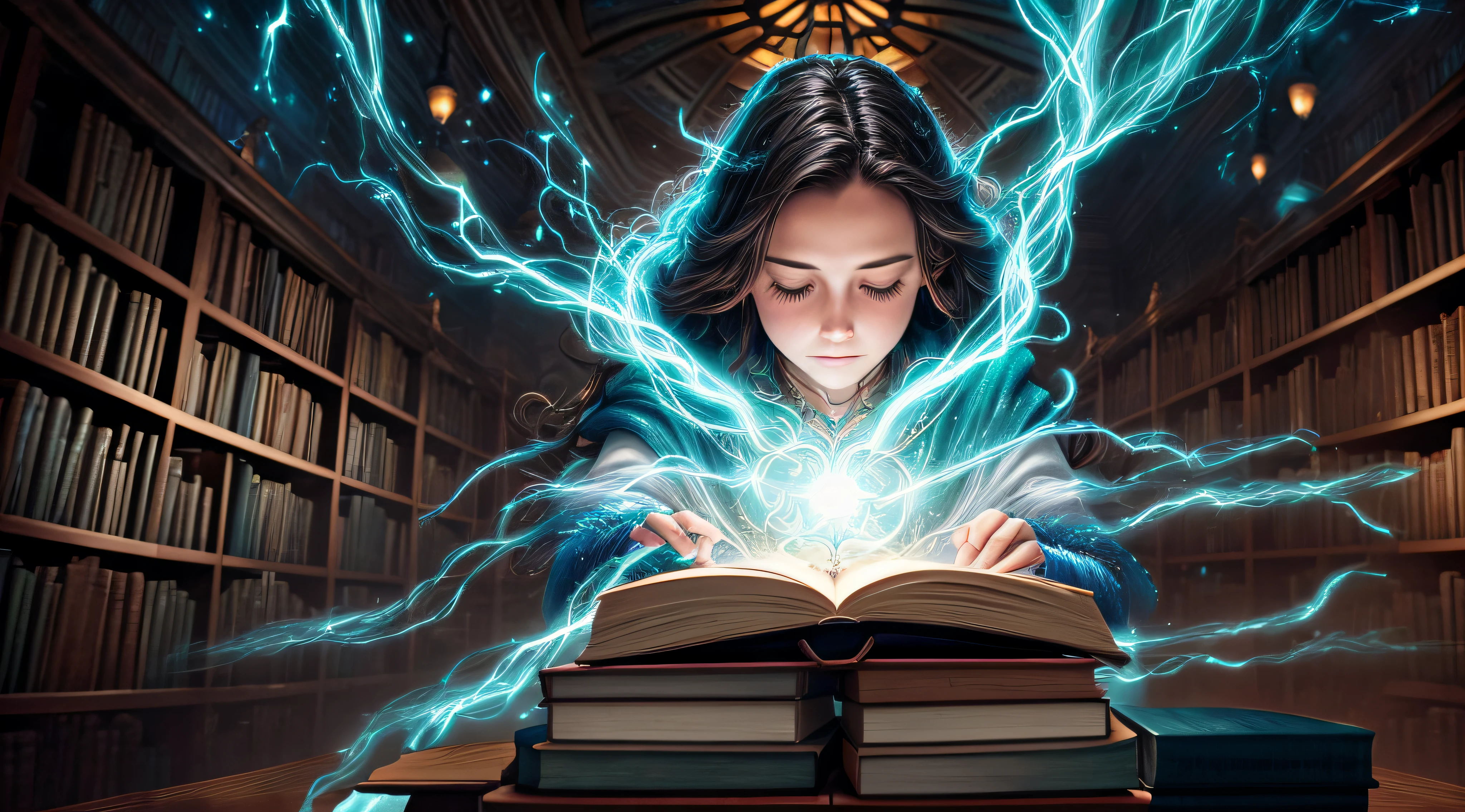Create an image of the chosen one harnessing newfound magical abilities from the library, surrounded by swirling, ethereal energy.