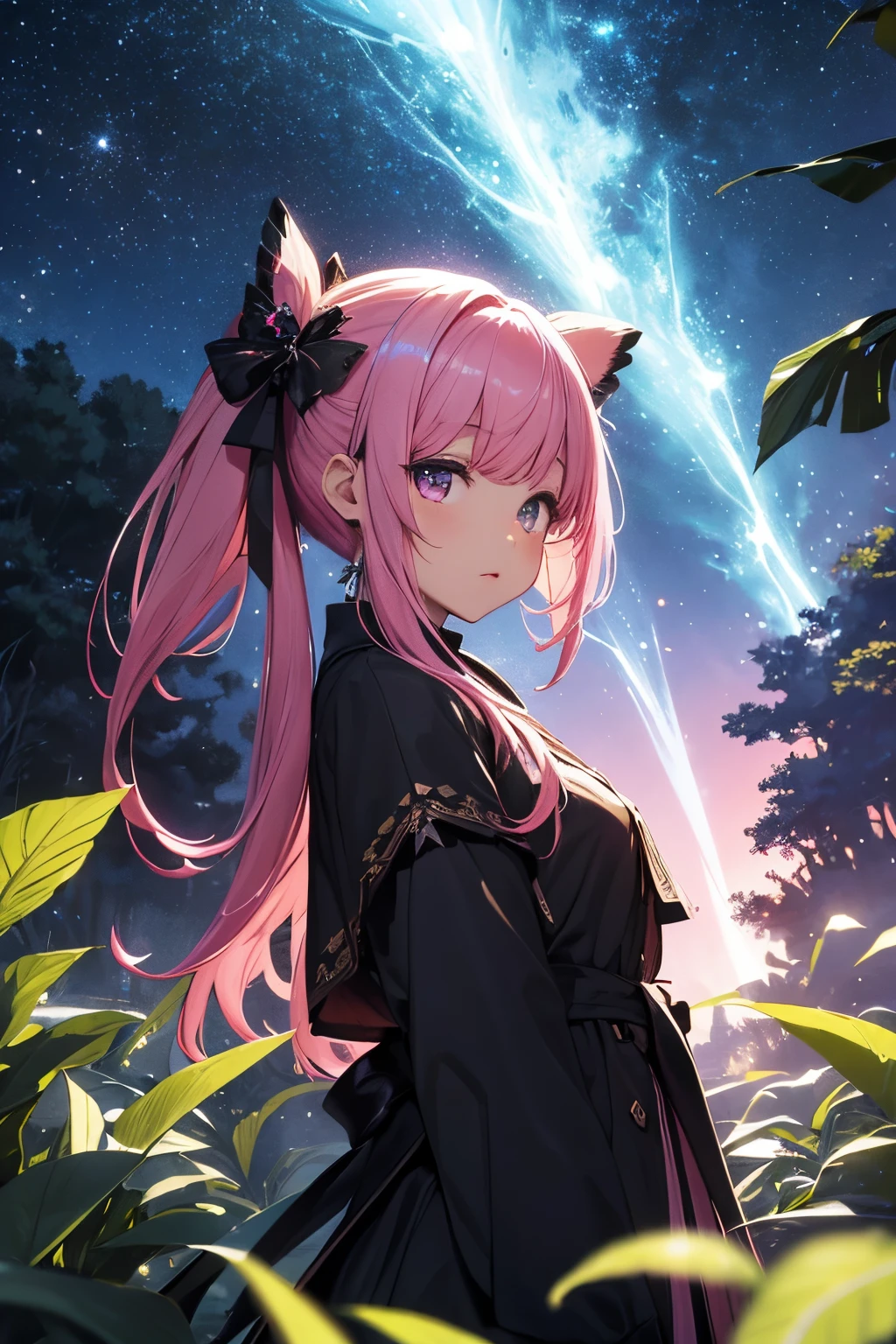 ​masterpiece、Background with（（starrysky、Meteor swarm、black hole））、Depth（（Huge fantastic tree、It's glowing.、plants、城市））、a beauty girl、poneyTail、Pink hair