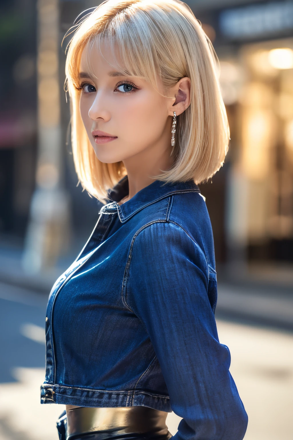 ((top-quality、in 8K、masterpiece:1.3))、foco nítido:1.2、Beautiful woman perfect body:1.4、Slim abs:1.2、((Bob Heyer、straight haired:1.2))、(Long sleeve dark blue denim shirt、tight skirts:1.1)、(Sateen、a street:1.2)、wetbody:1.5、Three-dimensional texture、A detailed eye、Blonde head hair、Very shiny hair、posterior view、Hair quality improvement