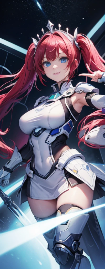 （fully body photo：1.4），white backgrounid，（1 Mech girl，Flash fluorescence，Hats，mechs，Delicate tiara，ssmile），（paper art，Quilted paper art，geometry），（Lots of colors，Best quality at best，high detal，tmasterpiece，movie light effect，4K，lightand shade contrast），Colossal tits，red hair clothes，pigtails，Blue knee-length socks，Glowing armor，eBlue eyes，Purple colored hair，pigtails
