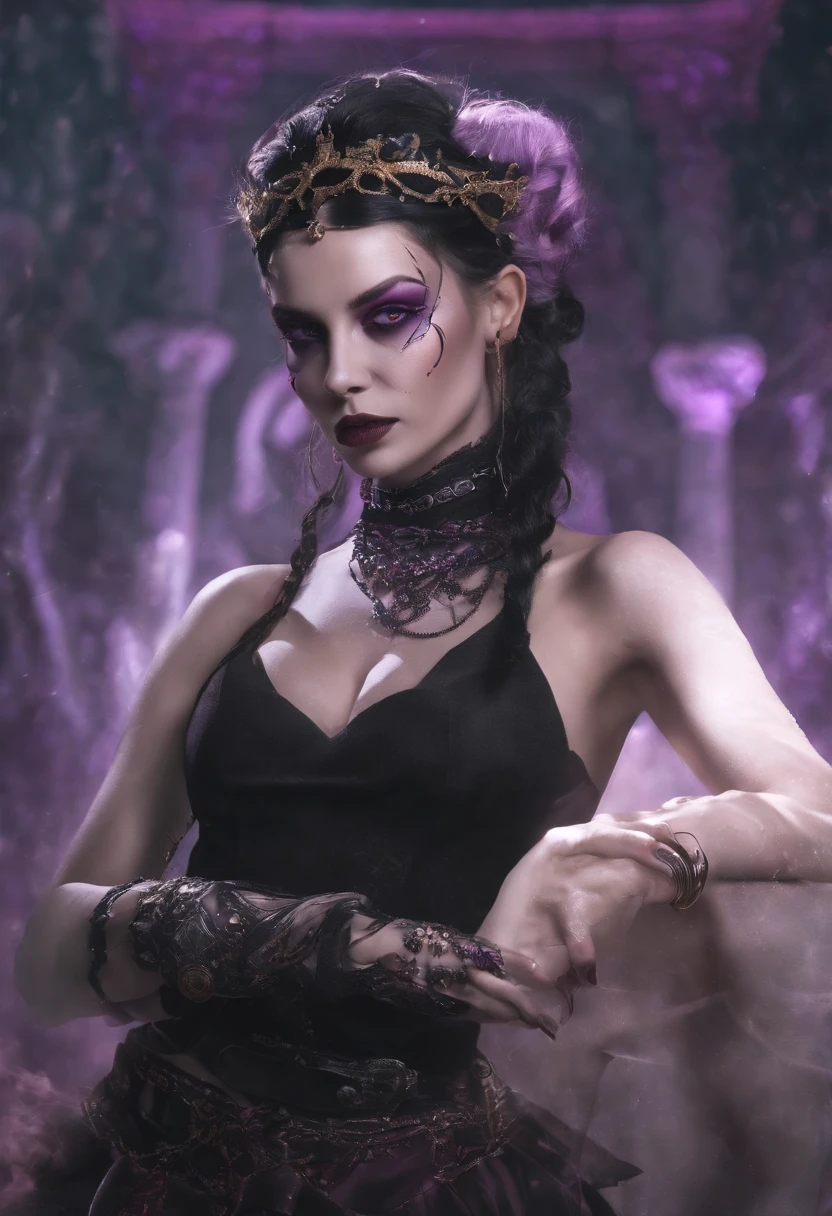 Close up of a woman with purple hair and piercings, Holy robot necromancer girl, Metal ears purple eyes, Ahegao, thedemongirl, cybergoth, :: Ross Drawing, detailed digital painting, neo goth, beautiful necromancer girl, Black sharp eyes, Detailed fanart, vampire girl, Vampires of the Clan Lasombra, gothgirl