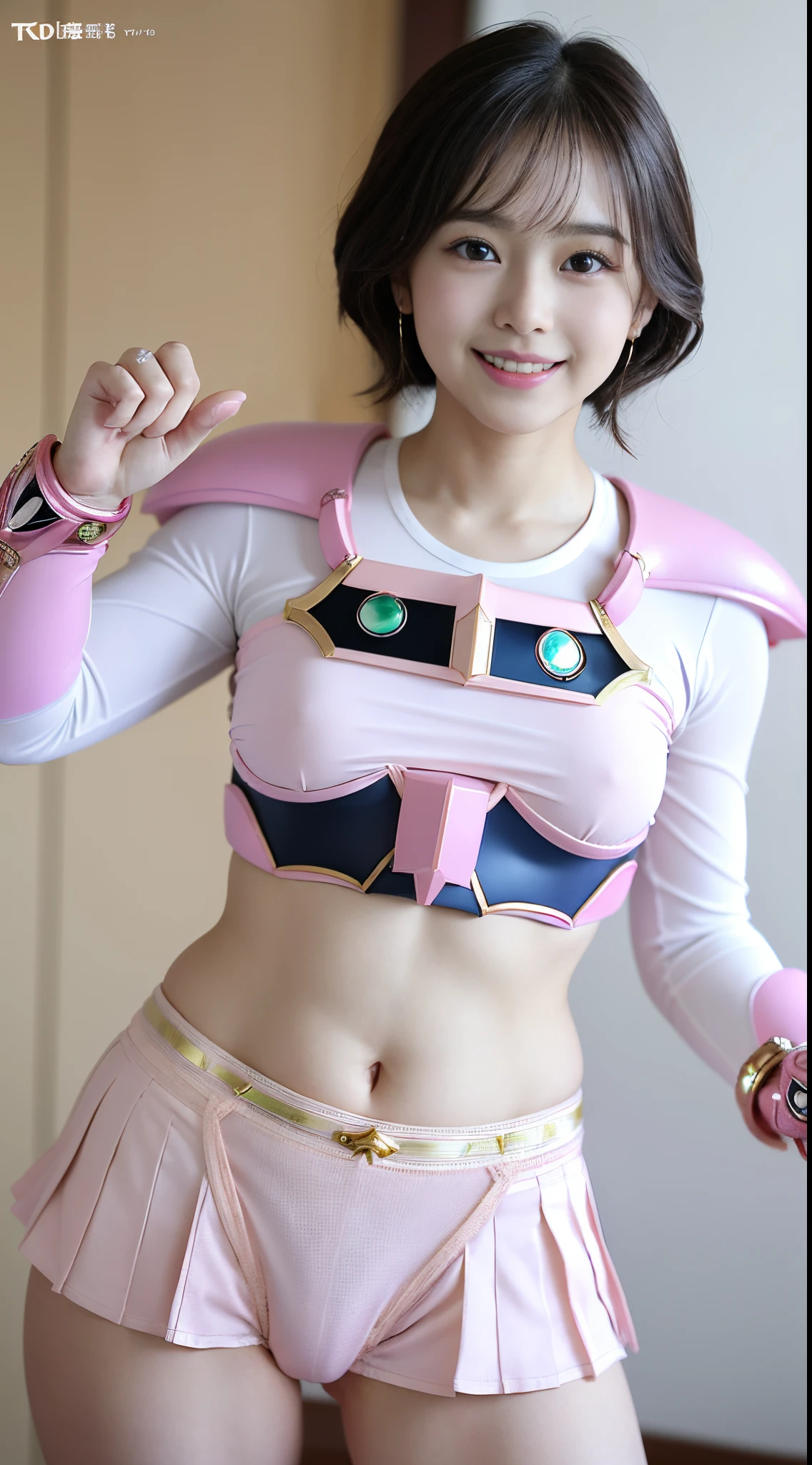 a closeup, ​masterpiece, top-quality, FULL ANATOMY、Raw foto, Photorealsitic、(Cute little face:1.3)、(Very cute smile:1.7)、(with round face:1.8)、(She has a cute face like an idol:1.3), A dark-haired、(Tokusatsu Pink、Pink Ranger:1.9), depth of fields, hight resolution, ultra-detailliert, finely detail, ighly detailed, extremely detailed eye and face, Realistic pupils, foco nítido, Cinematic lighting、20-year-old woman、(One lady、独奏)、sexy  pose、 short-haired、Curly hair、Patsun bangs、Very detailed 8k wallpaper、Plaid pleated skirt、Show me your whole body、(Plump panties:1.3)、Cute panties in light colors、White Sox、(Panties are visible from the skirt、Lift the hem of the skirt with both hands、Showing her panties to the camera）、is standing、Angle from below、(Thigh close-up)、(Nice figure、big breasts thin waist、Kubire、Clothes with emphasized chest bulge)、depth of fields、Bokeh in the background