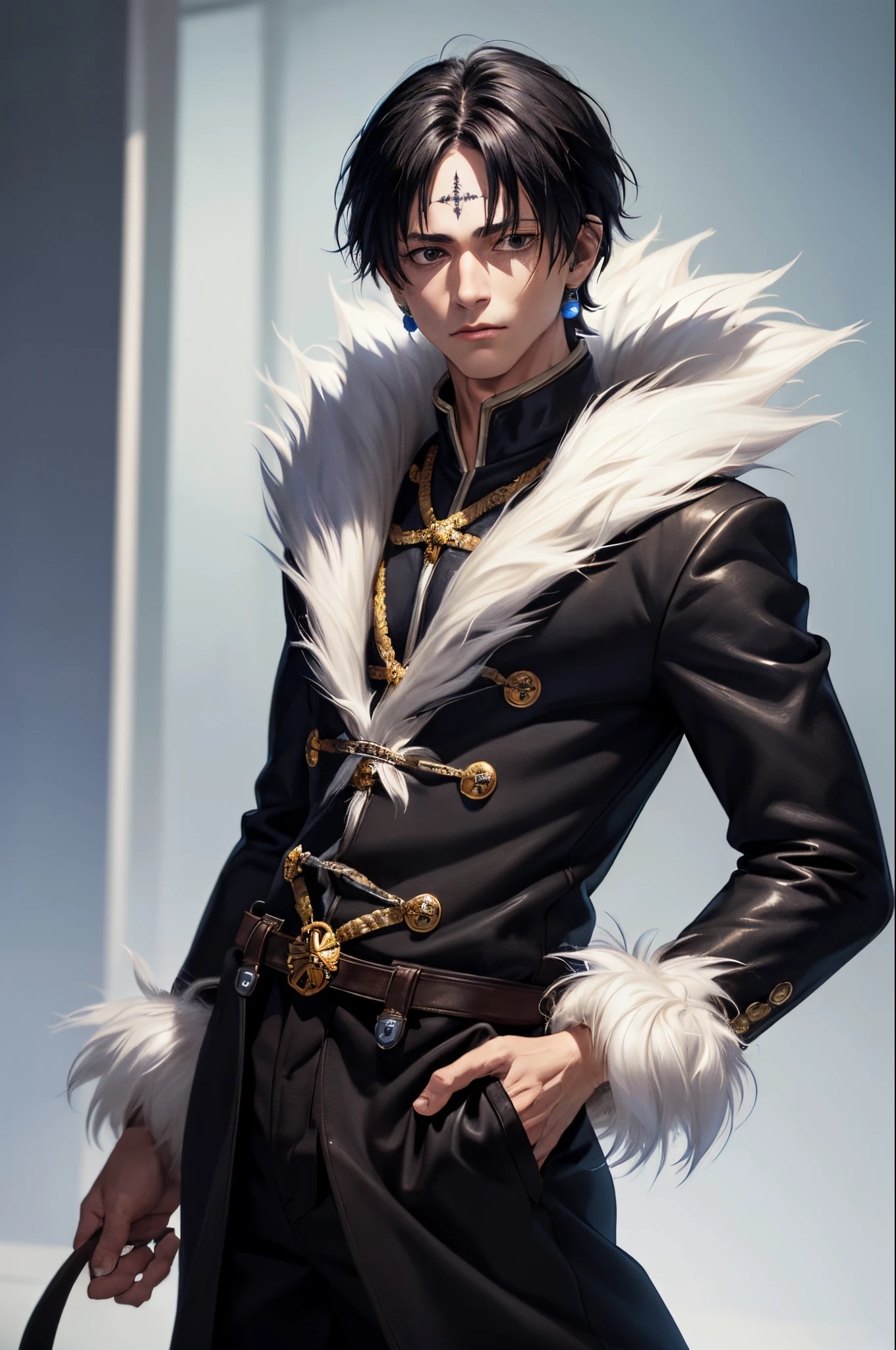(masterpiece, best quality:1.2), cowboy shot, solo, male focus, 1boy, chrollo lucilfer, expressionless, closed mouth, hands in pockets, fur trim, black coat, open coat, long sleeves, black pants, jewelry