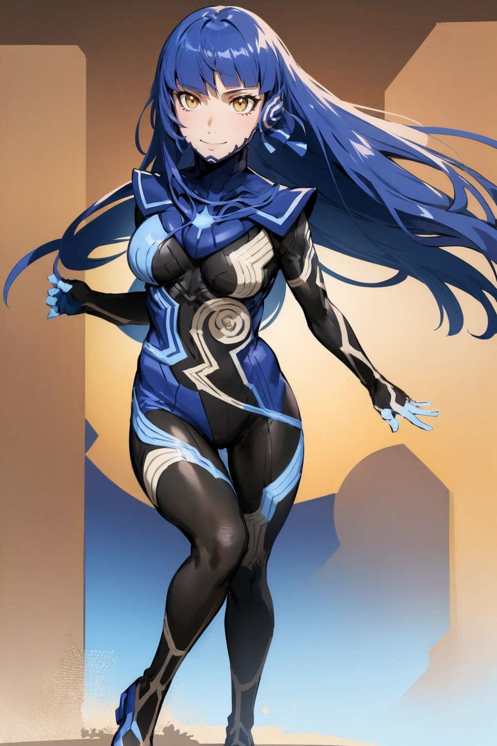 (masterpiece, best quality:1.2),full body, solo, female focus, 1girl, femenine, nahobino, smile, closed mouth, looking at viewer, arms at side, armor, bodysuit, medium breast, standing,