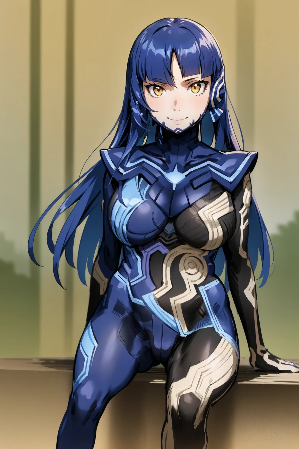 (masterpiece, best quality:1.2),full body, solo, female focus, 1girl, femenine, nahobino, smile, closed mouth, looking at viewer, arms at side, armor, bodysuit, medium breast, standing