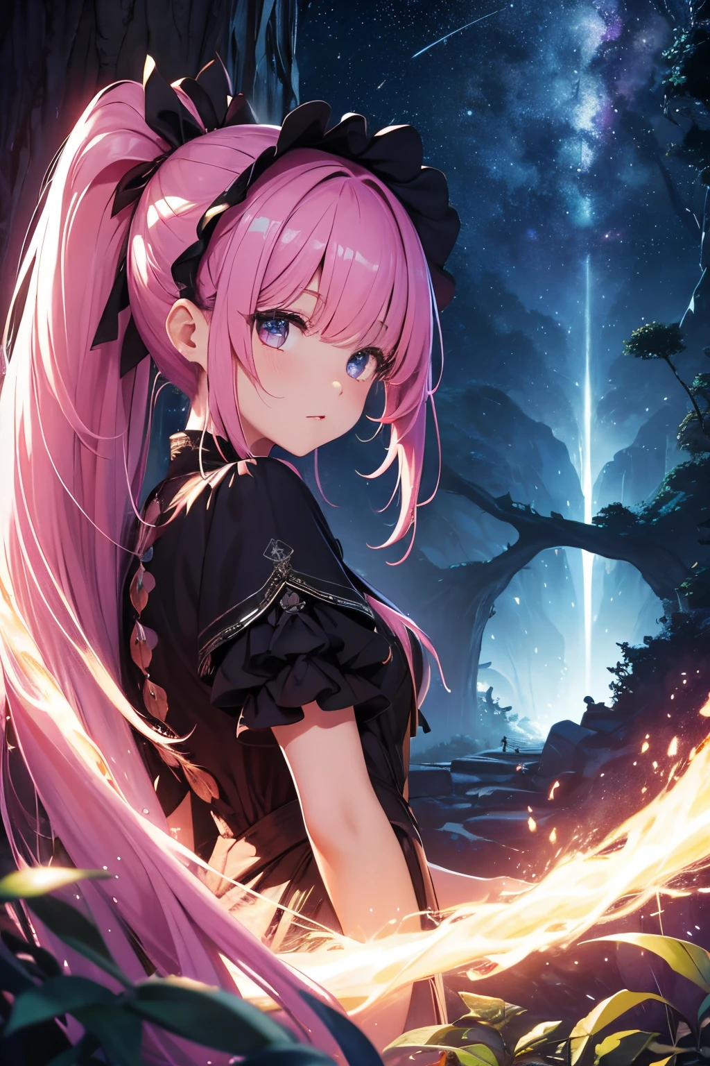 masterpiece、Background with((starrysky、Meteor swarm、black hole))、Depth((Huge fantastic tree、It's glowing.、plants、城市))、a beauty girl、poneyTail、Pink hair
