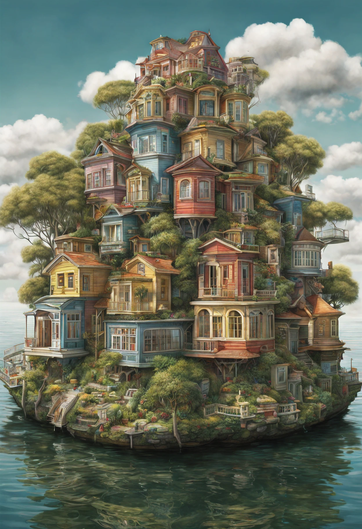 GhibliStyle stacked-houses on floating island, intricate details, by Laurie Lipton, Concept Art,colorfull, high_res,3d style,3d