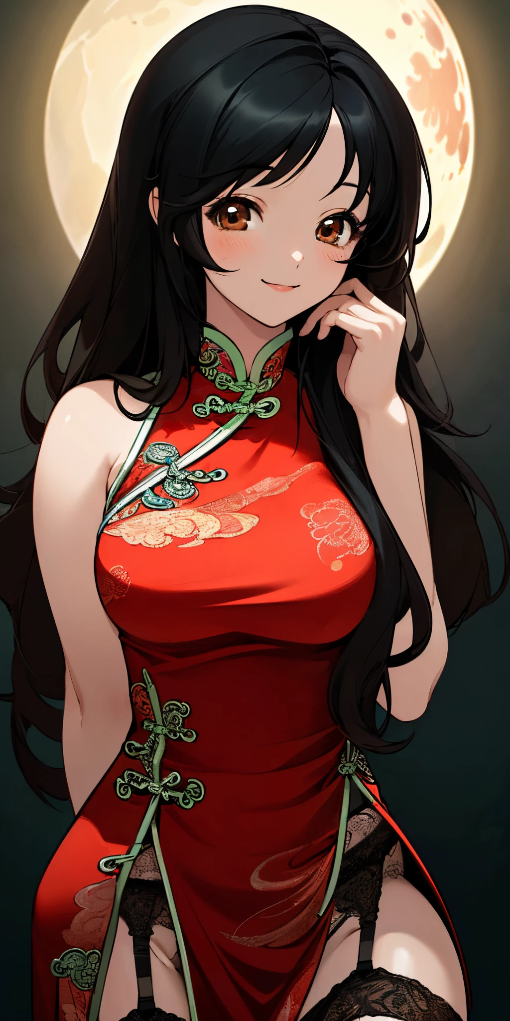 masterpiece, best quality, ultra-detailed, extremely detailed, 4K, 8K, best quality, beautiful, extremely detailed game CG, moon, a cute girl, 1girl, solo, Chinese dress, beautiful black hair, beautiful brown eyes, beautiful eyes, long hair, garter belt, smile, light smile