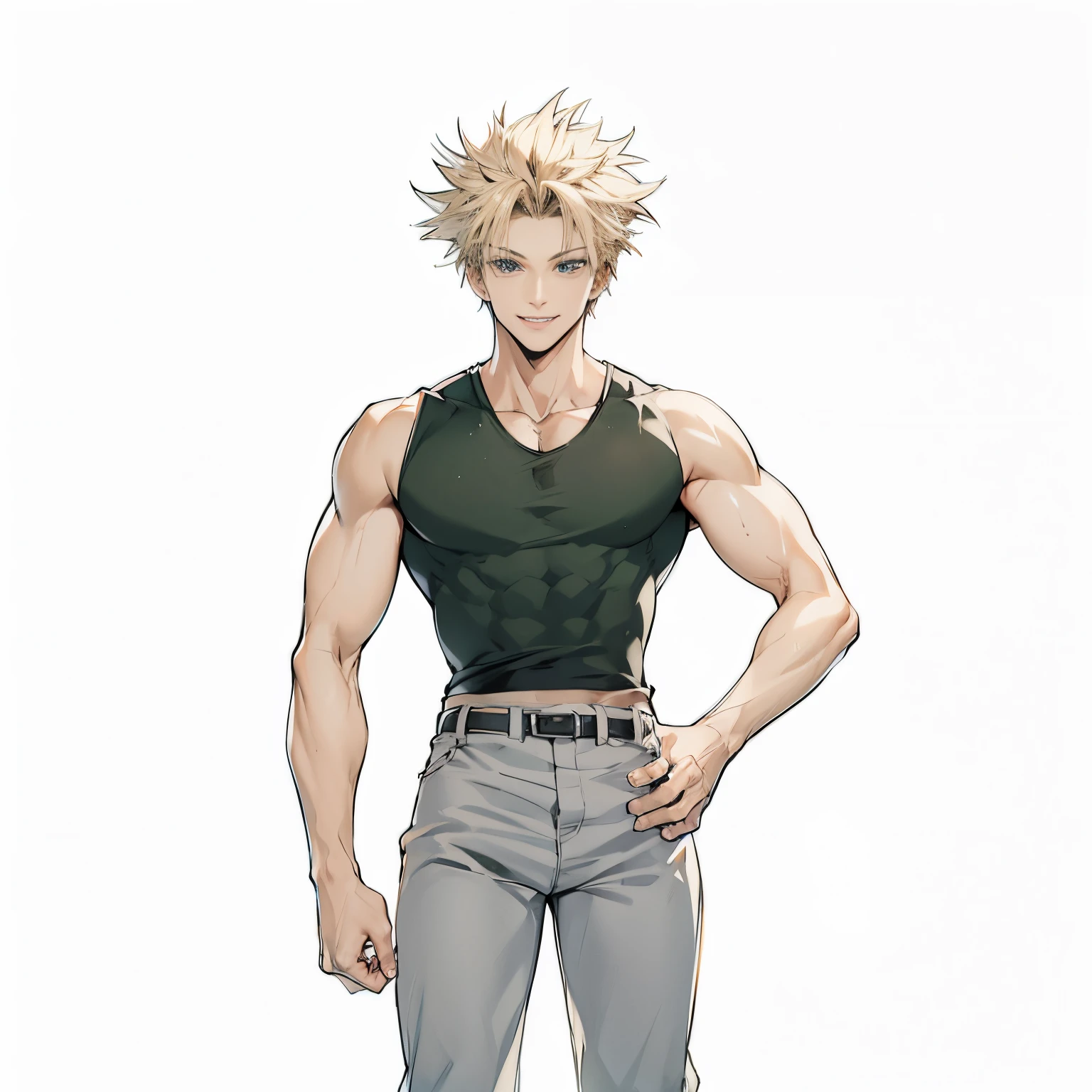 Young man, black shirt, grey pants, blond hair, short hair, messy hair, smiling, muscular, 4k, masterpiece, good anathomy
