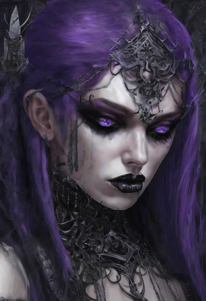 Close up of a woman with purple hair and piercings, Holy robot necromancer girl, Metal ears purple eyes, Ahegao, thedemongirl, cybergoth, :: Ross Drawing, detailed digital painting, neo goth, beautiful necromancer girl, Black sharp eyes, Detailed fanart, vampire girl, Vampires of the Clan Lasombra, gothgirl