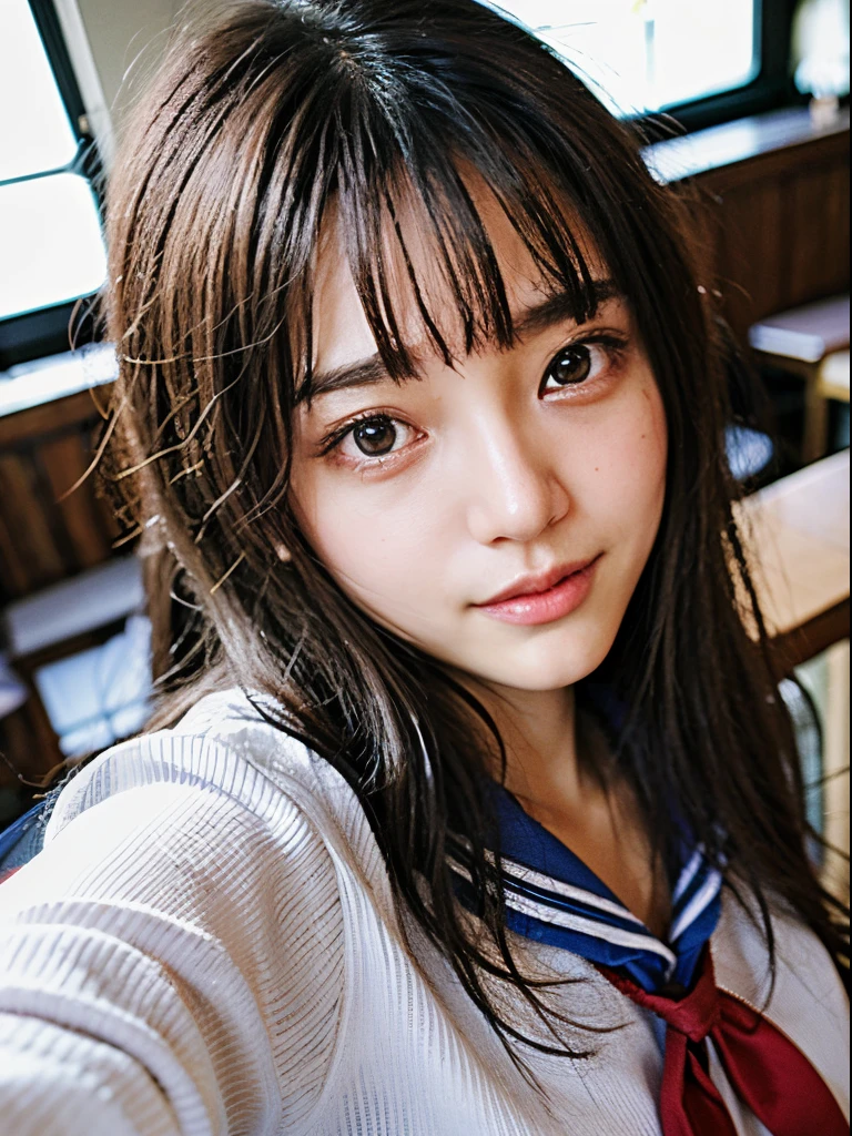 masterpiece、masutepiece、Official art、Highest image quality、Photorealistic、girl takes a selfie、Clean face、Cute look、wink、small lips、lightsmile、huge tit、Soft skin、(Japan in school uniform)、(a sailor suit)、Selfie shots、Slightly close-up、Shooting from above、The background is a classroom
