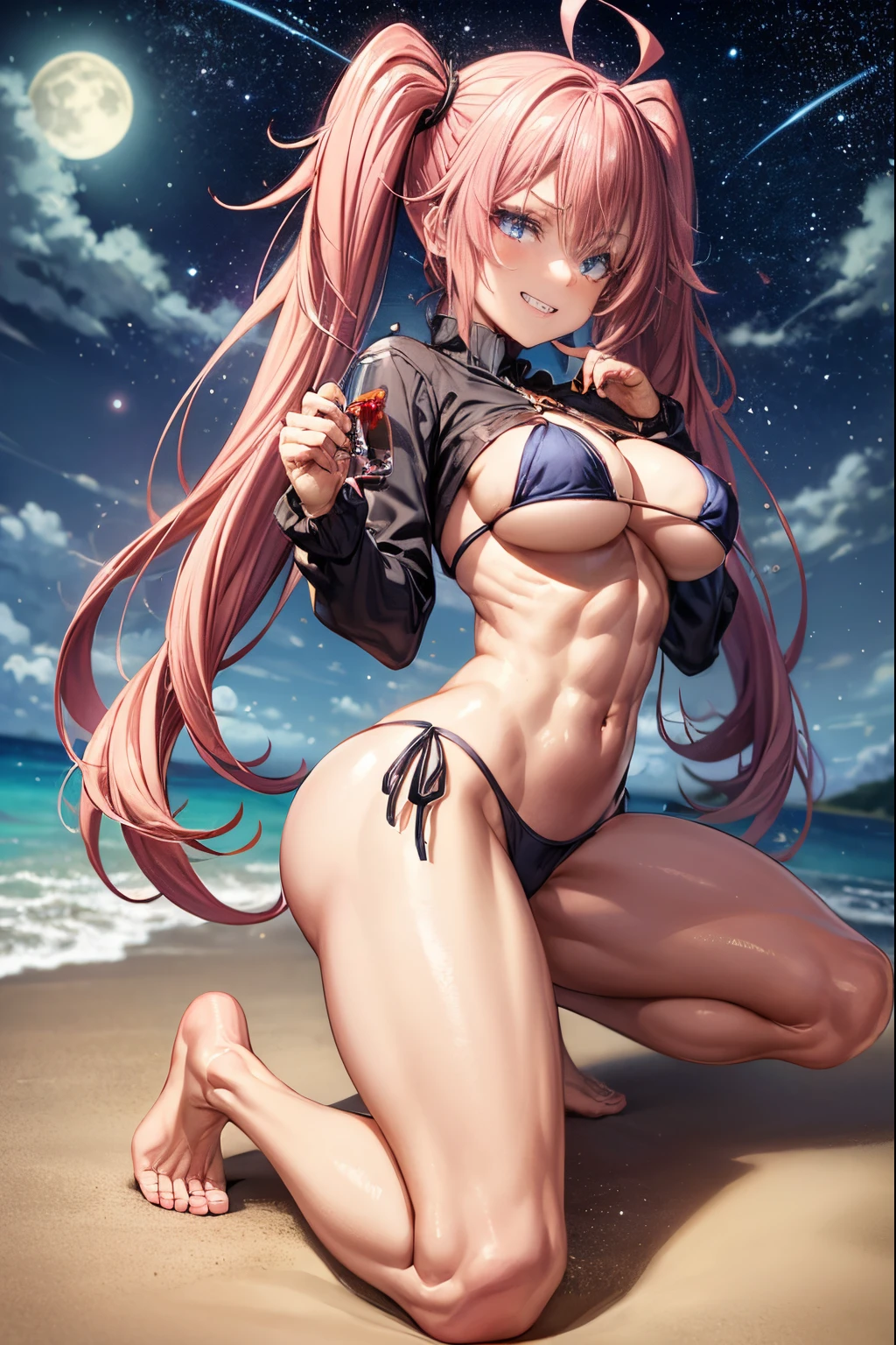 1 girl, (medium boobs))) (((big ass))), (mischievous smile), (showing teeth), (((wearing short bikini))), (long pink hair), (((eyes blue))), (on the beach at night with a starry sky and a moon full of blood), (slender), (thin waist), (butt only), legs (slim and muscular), muscular belly, bare feet, ((( full body photo))), showing her ass to the public, twintails, sparkling eyes, eye reflection, sulking, anime, anime style, ray tracing, sparkle, drop shadow, panorama, Sony FE, 8k, UHD, masterpiece, ccurate , anatomically correct, super detail, best quality, highres, HD, 16k