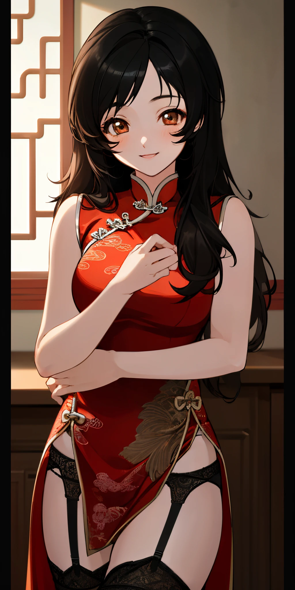 masterpiece, best quality, ultra-detailed, extremely detailed, 4K, 8K, best quality, beautiful, extremely detailed game CG, moon, a cute girl, 1girl, solo, Chinese dress, beautiful black hair, beautiful brown eyes, beautiful eyes, long hair, garter belt, smile, light smile