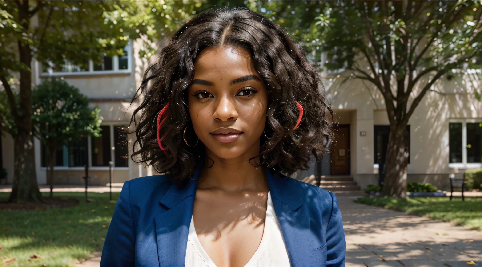 In the vibrant glow of a sunlit afternoon on the university campus, a striking Afro-Brazilian model with a magnificent black power hairstyle, adorned with playful streaks of color, exudes confidence and individuality as she gracefully strolls through the grounds.

Dressed in a stylish ensemble, the model's clothing reflects her vibrant personality. She wears a fashionable blue blazer that adds a touch of sophistication, paired with a crisp white blouse for a classic and timeless look. The sunlight bathes the campus in warmth, creating a captivating play of light and shadows on the cobblestone paths and surrounding greenery.

Her black power hair, a symbol of strength and beauty, frames her face with natural elegance. Playful streaks of color, carefully woven into the curls, catch the sunlight, creating a dynamic and eye-catching effect. Shadows beneath the curls add depth, enhancing the overall visual impact.

Facial features are carefully portrayed, capturing the essence of a confident and radiant demeanor. High cheekbones and captivating, slightly narrowed eyes contribute to an air of grace and sophistication. The lips are full and expressive, enhancing the model's charismatic presence.

The camera angles offer various perspectives, capturing the model in motion as she navigates through the campus scenery. The vibrant streaks of color in her hair stand out against the lush greenery, creating a visually stunning and celebratory display of individuality and diversity.

This detailed image prompt aims to celebrate the radiant diversity and individuality of an Afro-Brazilian model with black power hair adorned with colorful streaks, showcasing her beauty and confident presence on the university campus.