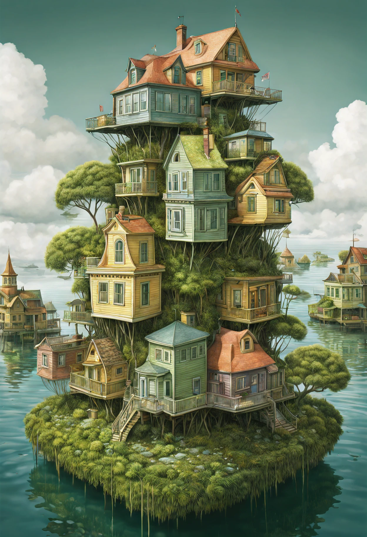 GhibliStyle stacked-houses on floating island, intricate details, by Laurie Lipton, Concept Art,colorfull, high_res,3d style,3d