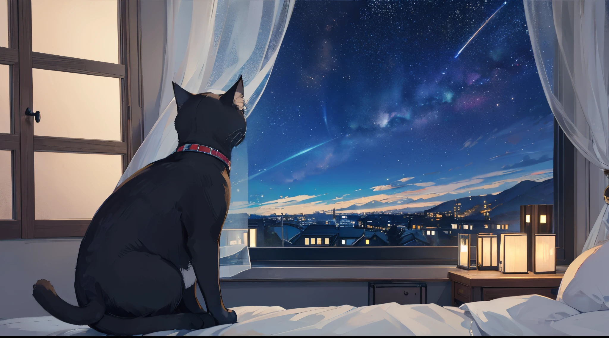 cat 1, I'm looking at the starry night sky outside the window..(There are no people in this picture.)
