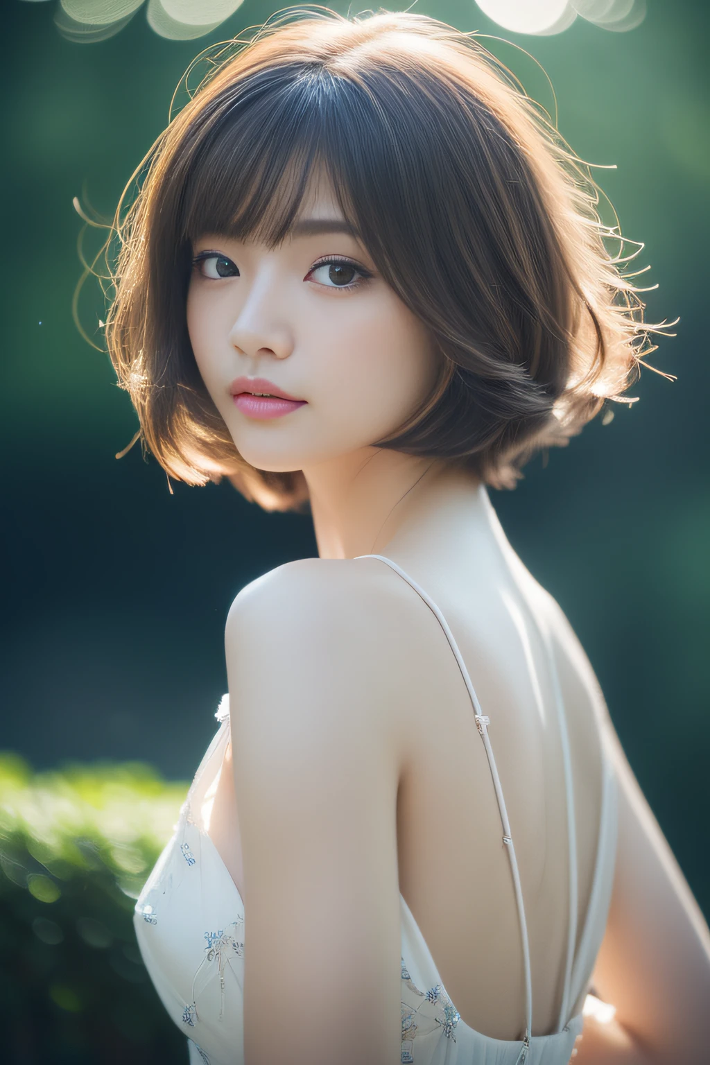 Japan girl in white summer dress、独奏、With very realistic skin、extremely Photorealistic photos、Against the background of the garden、Date scenery、Photo collection girls、realisitic(credibly_absurderes,Huge_filesize:1.37),(masterpiece:1.37),(top-quality:1.37),(realisitic,Photorealsitic:1.2),Ray traching,Realistic lighting,(illuminations,Glow),((film grains:1.37)),(Exquisite details and textures:1.2),(8K分辨率:1.2),(ultra -detail:1.2),(Sharp Focus 1.2),(Raw photography:1.0),(ulzzang -6500-v1.1:1.2),(Beautiful Detail Face、Beautiful Detail Eye、 radiant eyes、long eyeslashes、blush of the nose:1.2)、A dark-haired、short-cut、((((perfect anatomia))))、Viewer 1 Girl、独奏、Young Face、Elegant face、neat atmosphere、a beauty girl、(Neat hairstyles)、(A slender:1.37)、(Beauty slim legs:1.15)、(cute face)、(Detailed natural skin、detailed skin textures、Detailed black hair)、Facial light、(ciinematic light)、lensflare、Shade、Front lighting