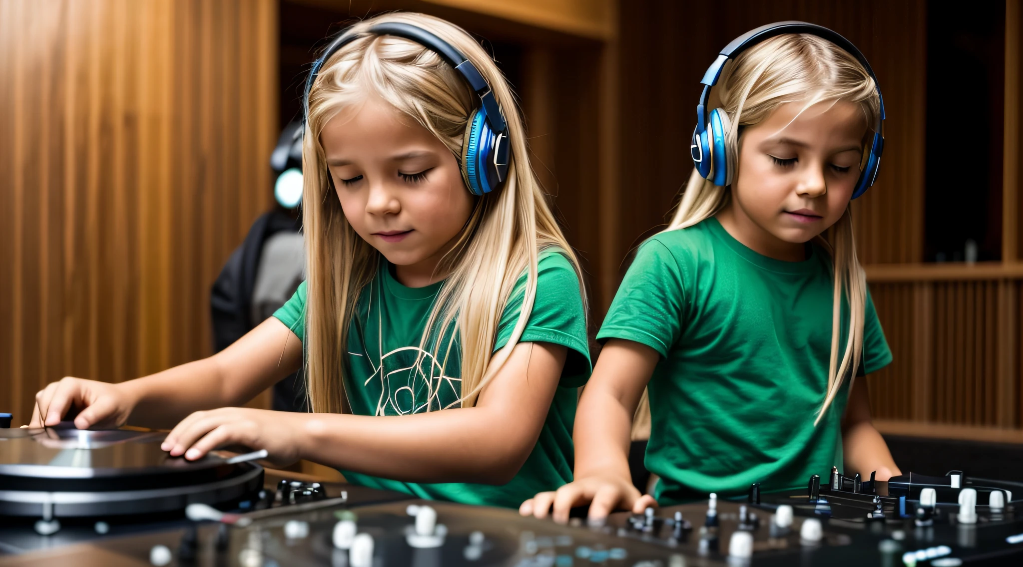 Image of a BLONDE CHILD man with long hair with headphones playing music, Atom and Evil, DJ, fogo e fogo verde , chama, queimar , fogo, verde, verde.