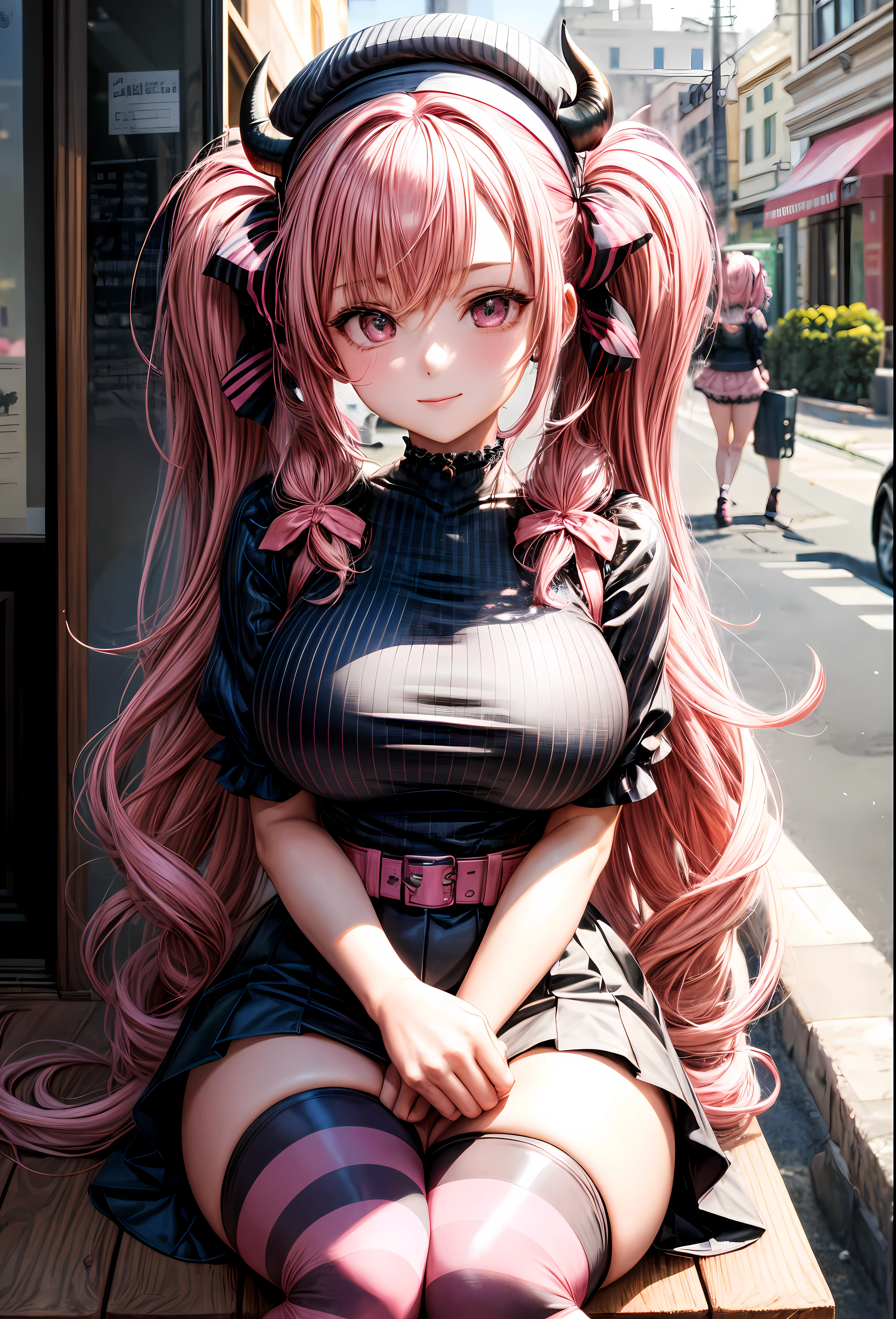1girl, pink hair, twin tails, horns, huge breasts, seductive, succubus,striped pink and black, choker,, pink detailed eyes, massive breasts, beret, trendy, stylish, sitting outside a cafe