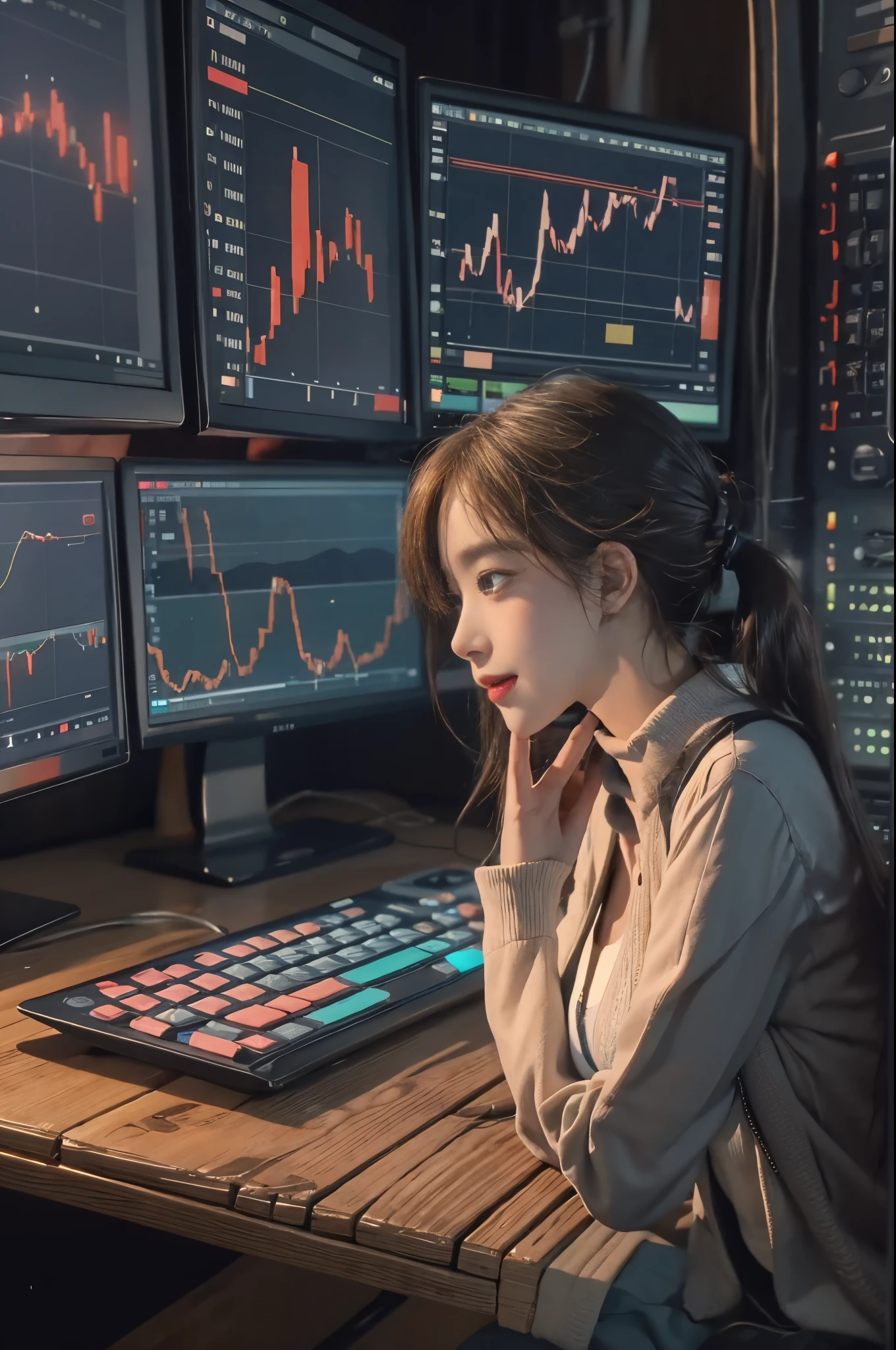 a girl is sitting in front of a computer, Staring at candlestick charts displayed on multiple monitors. and her eyes shine brightly. She is known as a genius trader, who can control the world'Move financial markets at will?. She'trying to make a big deal. her fingers touch the keyboard, Process large amounts of data instantly. A confident smile appears on her lips.
.