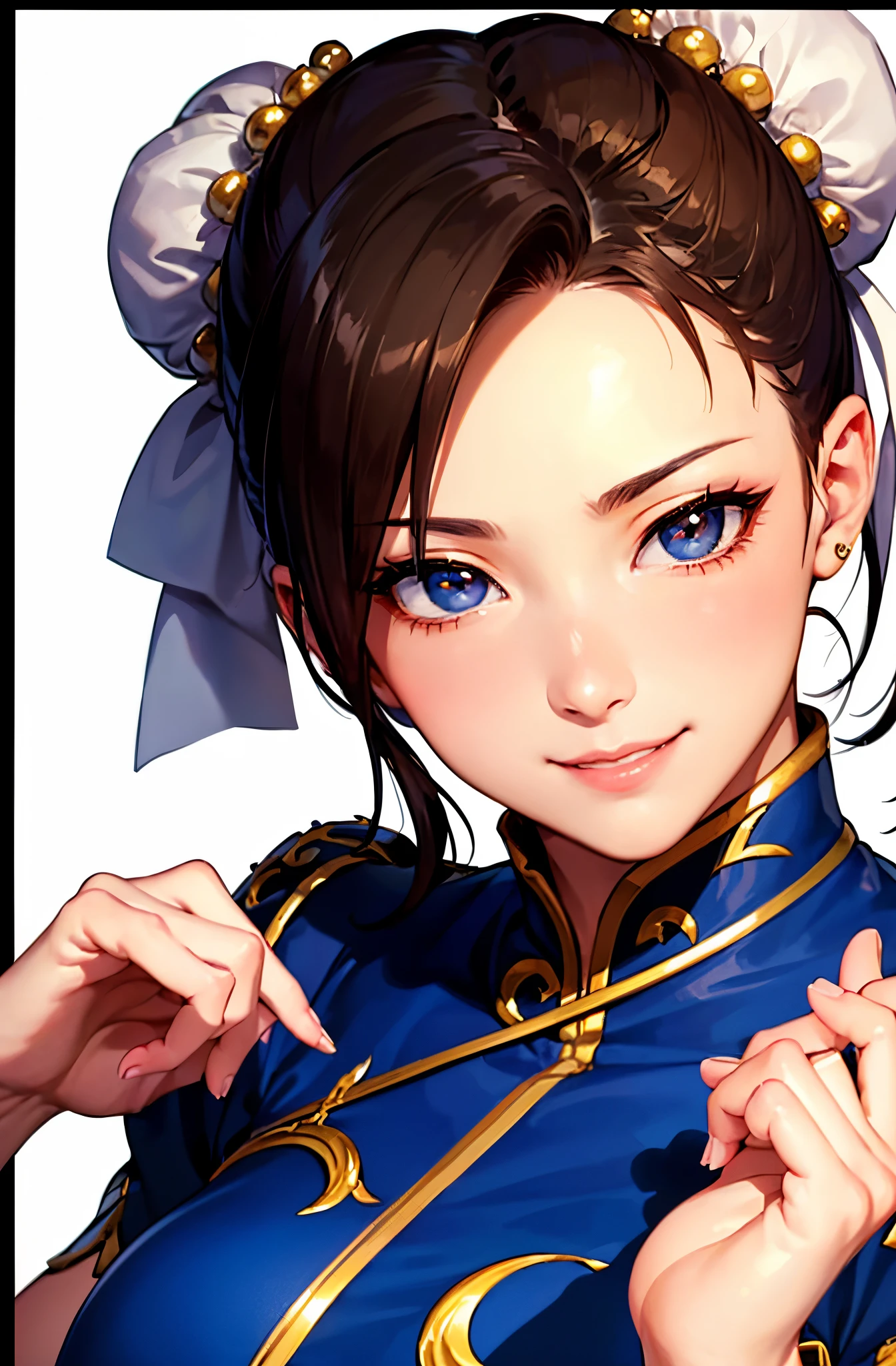 (top-quality:1.5)、(16k wallpaper:1.2)、(Photorealsitic:1.2)、(ultra-detailliert:1.2)、(超A high resolution:1.2)、super-detaild skin、Detailed and clean eyes、Tsuriformes、Beautiful eyeshadow、(Chinatown)、(surrounded by bad men)、ChunLi、Japan 18-year-old woman、Natural Color Lip、large full breasts、Bun hair、Cute smile、