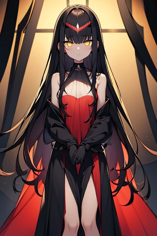 Black-haired woman,Yellow aura around,Scary yellow eyes,Black gauze dress, thin, Yellow cloth covers all vital organs except the face..............., Wear a knee-length white dress................,The arm does not reach the top of the hip................,The arms are small.............., But the ligaments are very large................,Soft hands,at night,red moon,turned sideways,Hair piercing