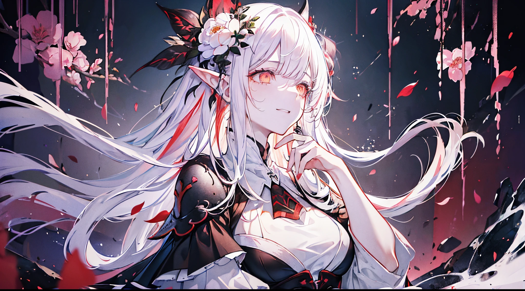 Anime girl with long white hair and black dress with flowers in her ...