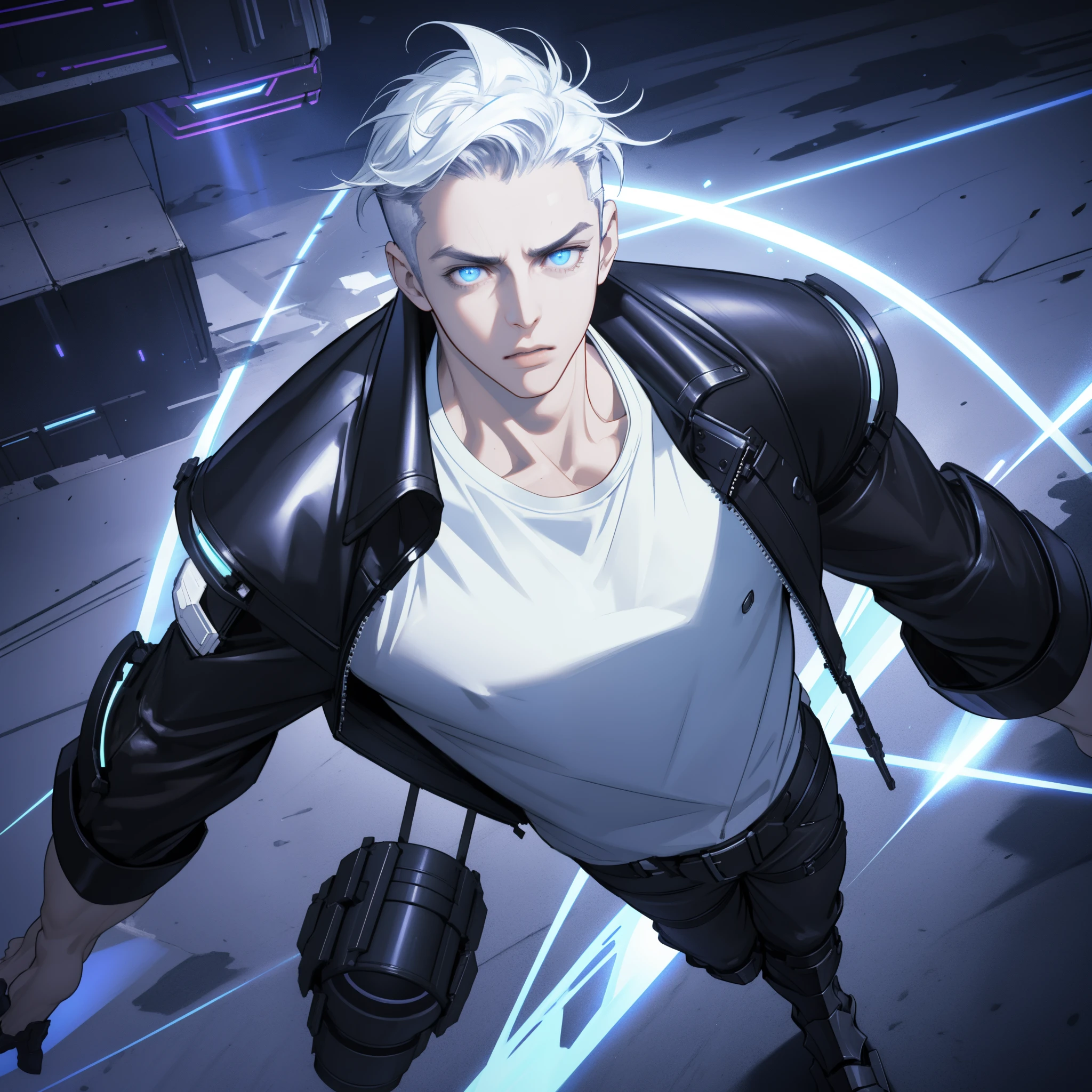 (masterpiece, best quality), 1 male, solo, adult, handsome, tall muscular guy, broad shoulders, finely detailed eyes and detailed face, extremely detailed CG unity 8k wallpaper, intricate details, intricate details, very short hair, undercut, grunge, serious expression, big arms, dark, old leather jacket, white t-shirt, medieval dark leg armor pants, neon motion stream, glowing lights, Grenade Launcher weapon, bright white energy streams of lights, rim lighting, sf, Apocalypse, from above