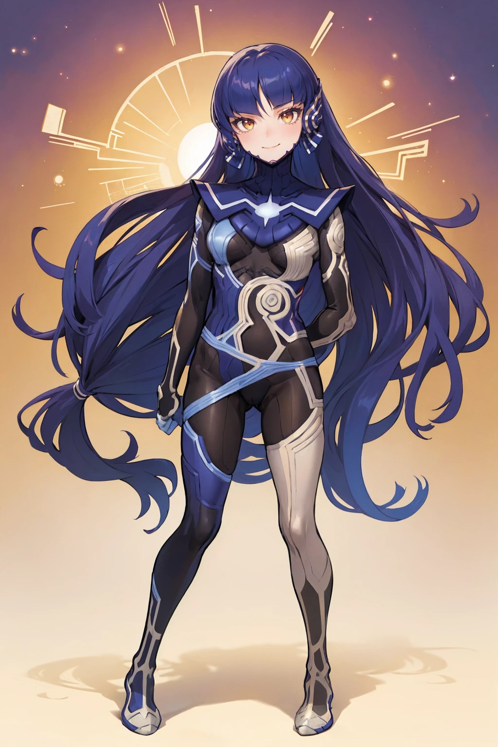 (masterpiece, best quality:1.2),full body, solo, female focus, 1girl, femenine, nahobino, smile, closed mouth, looking at viewer, arms at side, armor, bodysuit, medium breast, standing,