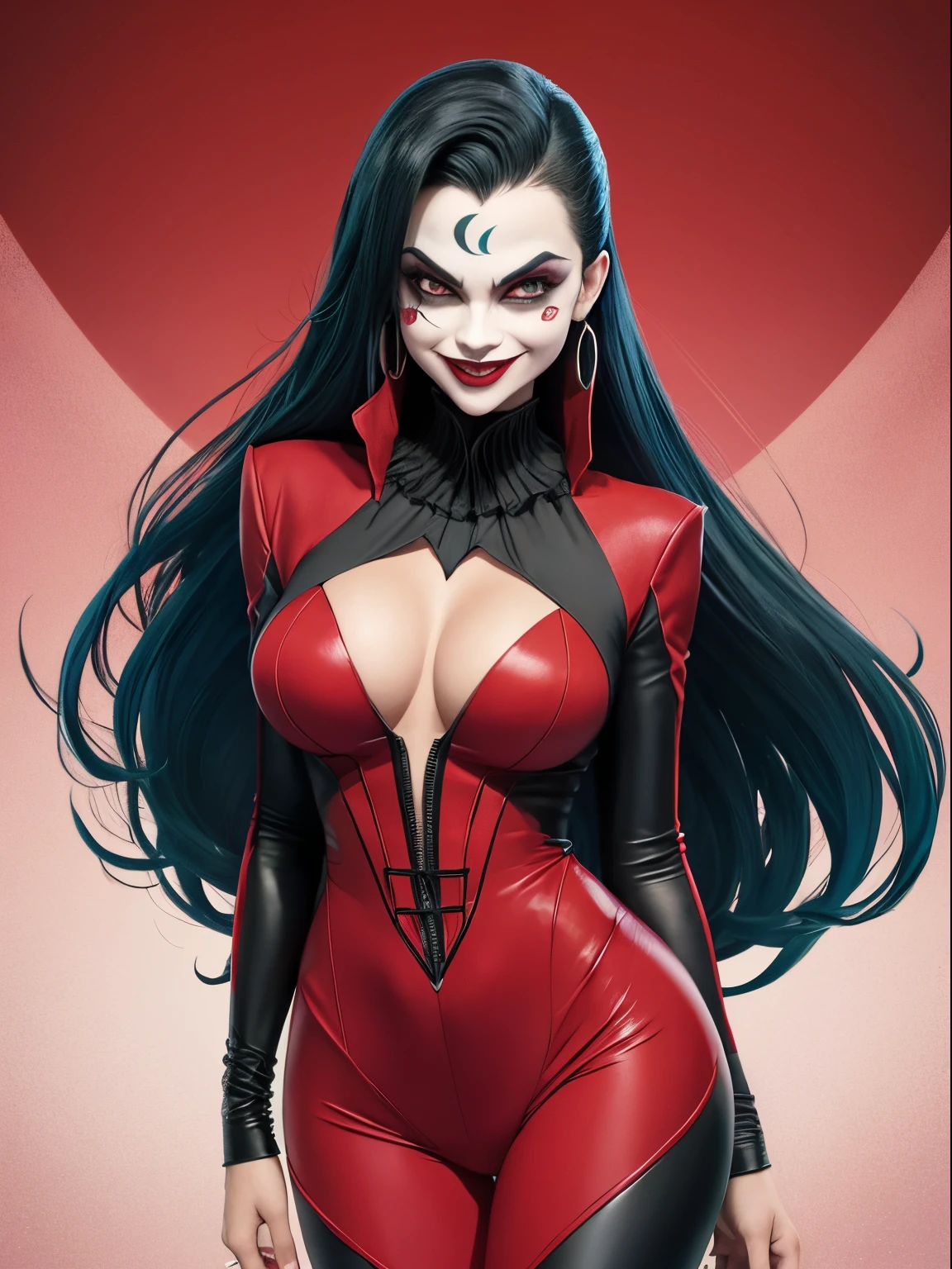 personagem coringa, com sorriso macabro, realista, alta qualidade, cidade sombria de fundo, muitos detalhes no rosto, corpo inteiro. terno vermelho.