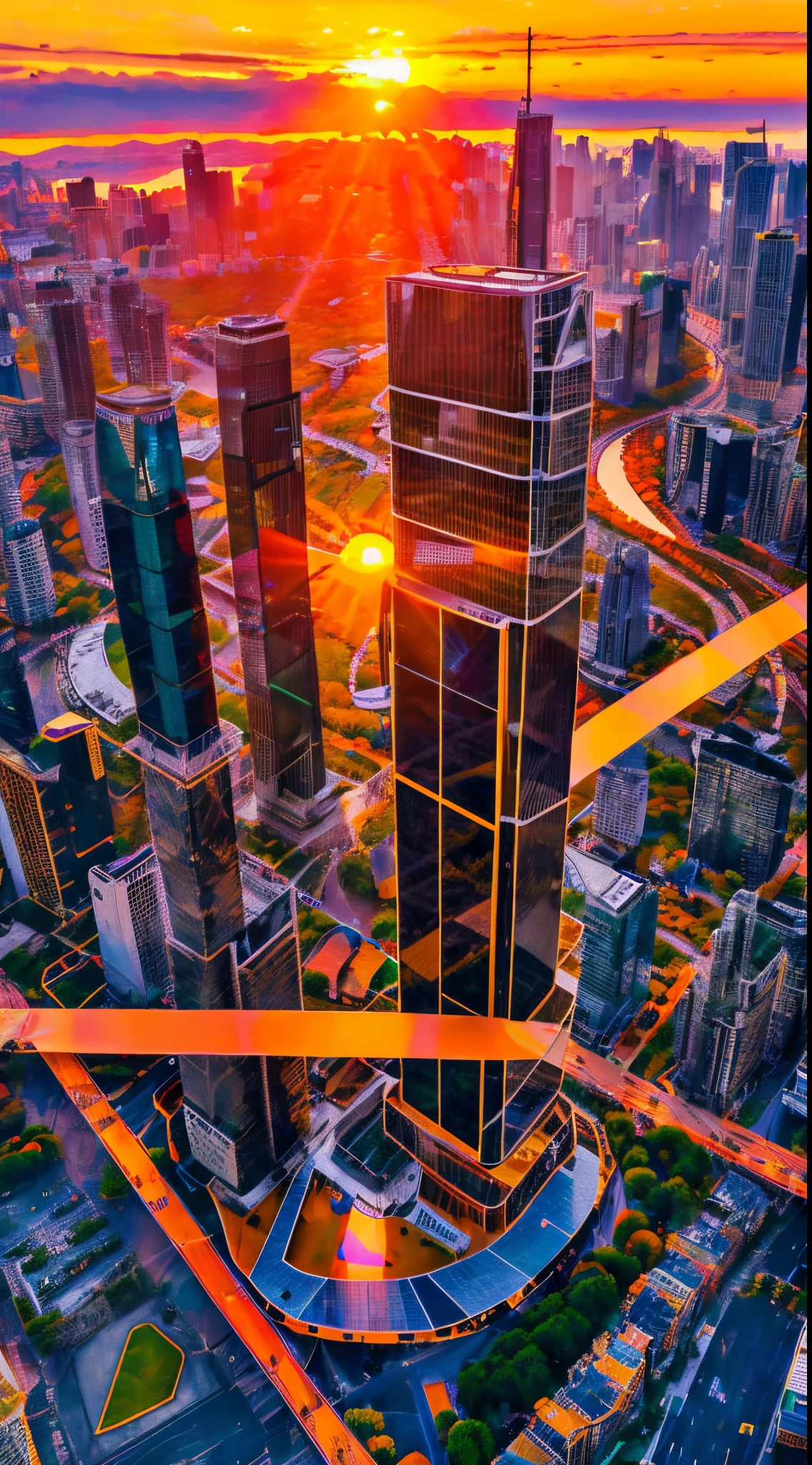 8k,、top-quality、hight resolution, 逼真、Skyscraper district、(((huge sunrise)))