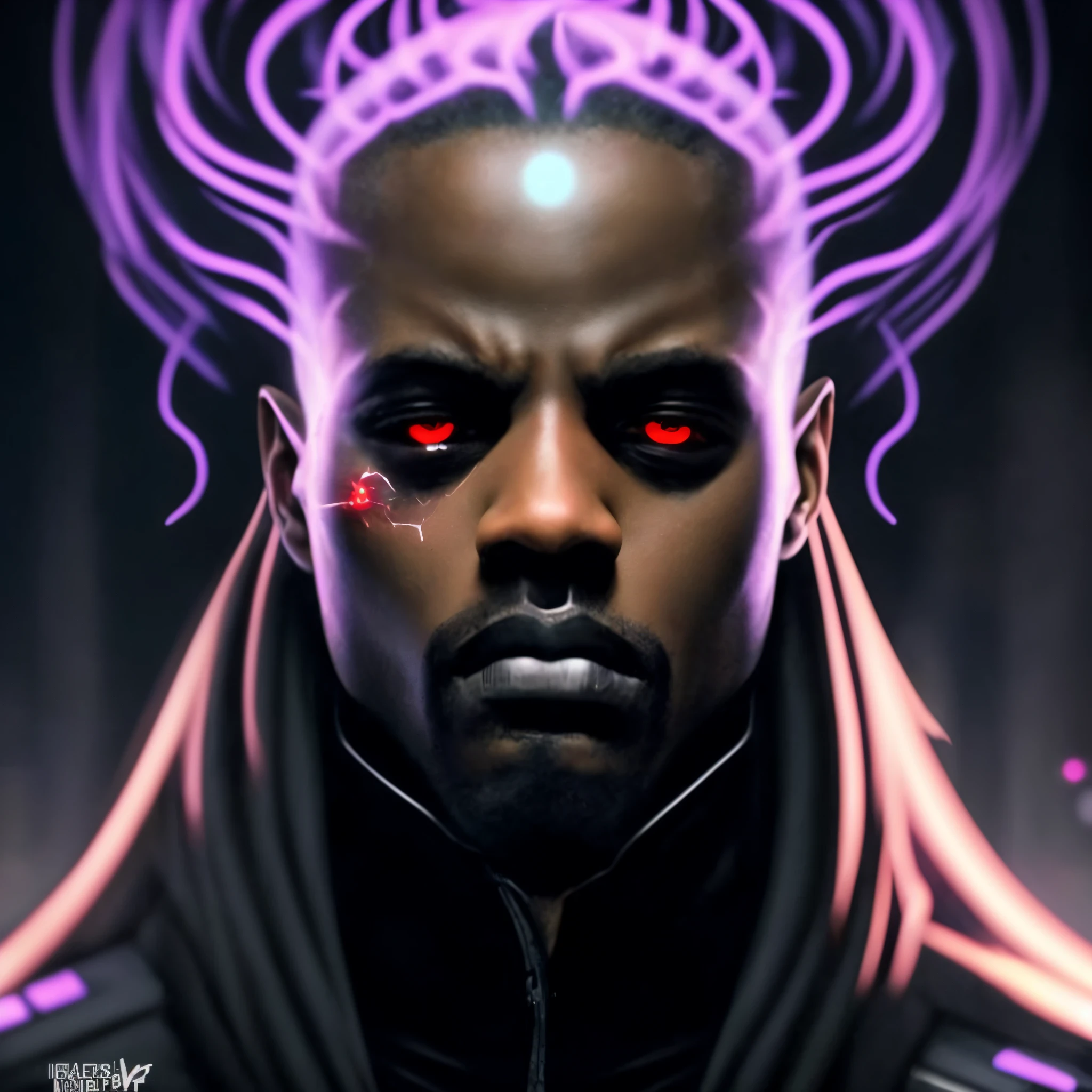 a futuristic black guy with red eyes and some energy in his head