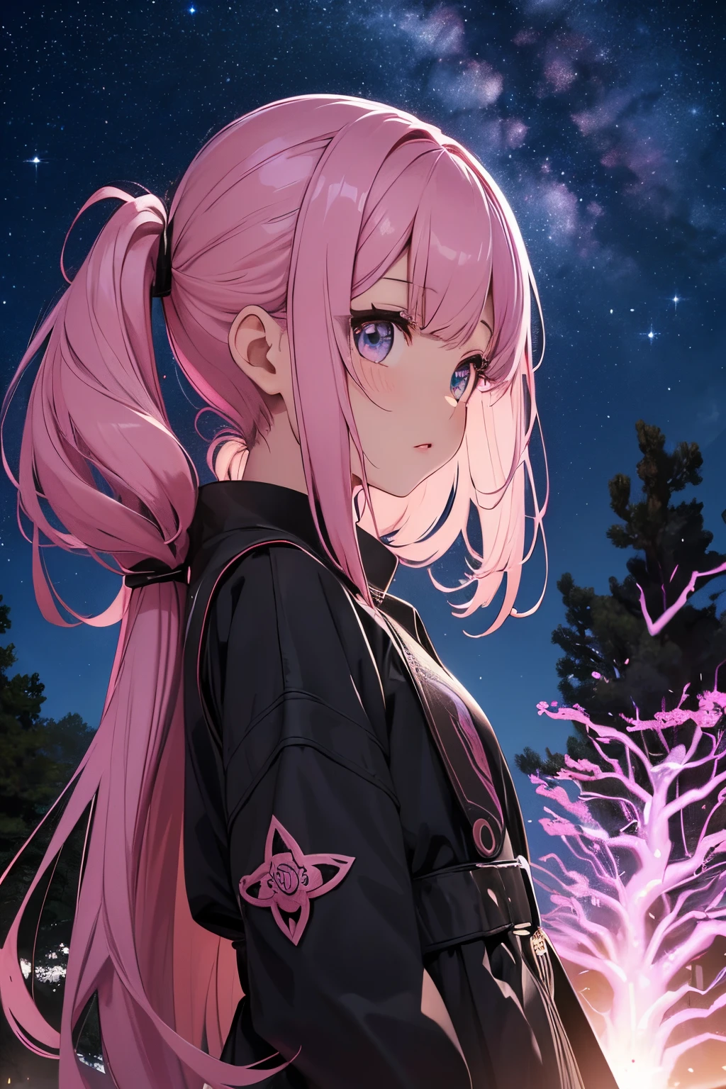masterpiece、girl with((a beauty girl、doress、poneyTail、Pink hair))、Background with((starrysky、Meteor swarm、black hole))、Huge fantastic tree、It's glowing.、plants、城市