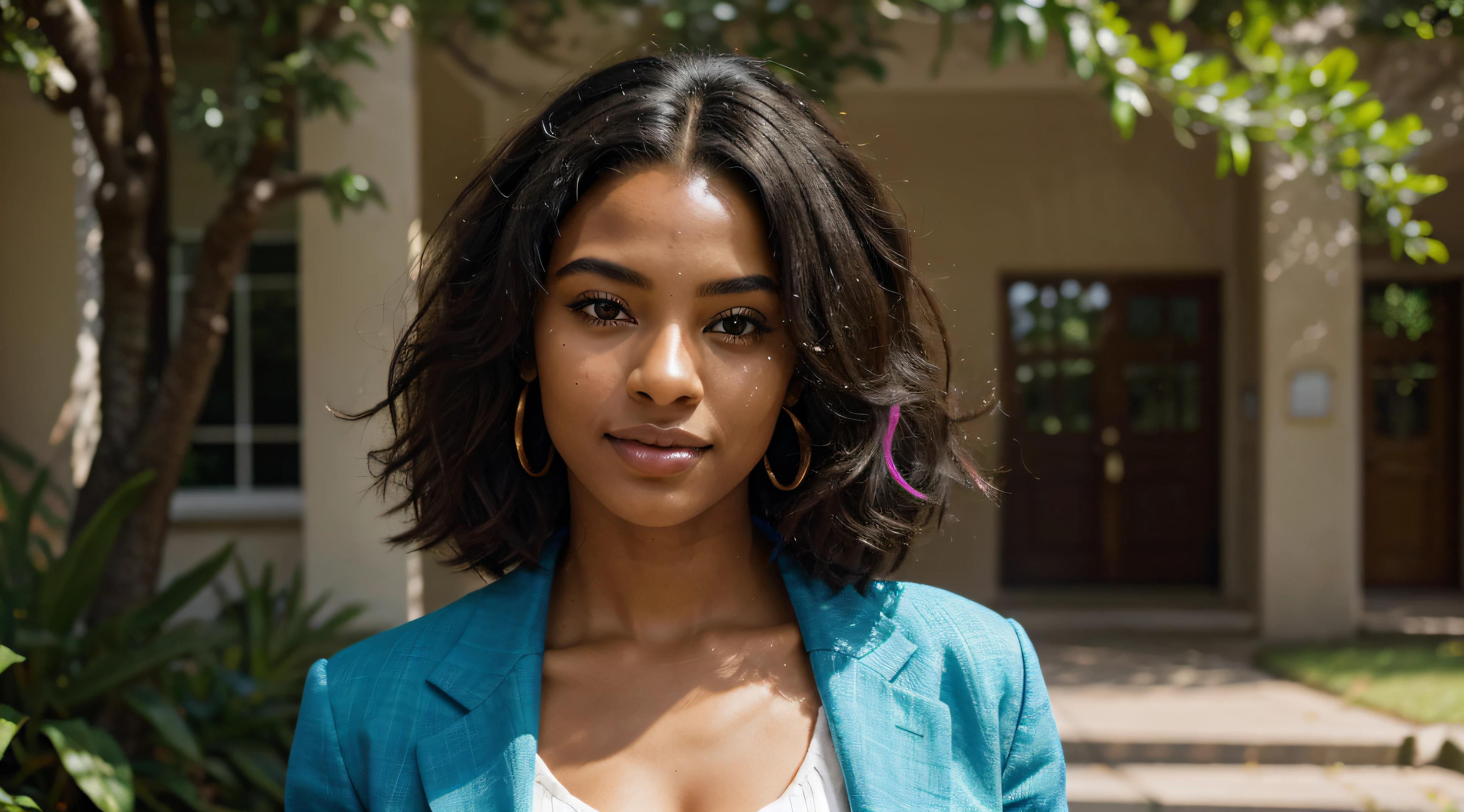 In the vibrant glow of a sunlit afternoon on the university campus, a striking Afro-Brazilian model with a magnificent black power hairstyle, adorned with playful streaks of color, exudes confidence and individuality as she gracefully strolls through the grounds.
Dressed in a stylish ensemble, the model's clothing reflects her vibrant personality. She wears a fashionable blue blazer that adds a touch of sophistication, paired with a crisp white blouse for a classic and timeless look. The sunlight bathes the campus in warmth, creating a captivating play of light and shadows on the cobblestone paths and surrounding greenery.
Her black power hair, a symbol of strength and beauty, frames her face with natural elegance. Playful streaks of color, carefully woven into the curls, catch the sunlight, creating a dynamic and eye-catching effect. Shadows beneath the curls add depth, enhancing the overall visual impact.
Facial features are carefully portrayed, capturing the essence of a confident and radiant demeanor. High cheekbones and captivating, slightly narrowed eyes contribute to an air of grace and sophistication. The lips are full and expressive, enhancing the model's charismatic presence.
The camera angles offer various perspectives, capturing the model in motion as she navigates through the campus scenery. The vibrant streaks of color in her hair stand out against the lush greenery, creating a visually stunning and celebratory display of individuality and diversity.
This detailed image prompt aims to celebrate the radiant diversity and individuality of an Afro-Brazilian model with black power hair adorned with colorful streaks, showcasing her beauty and confident presence on the university campus.