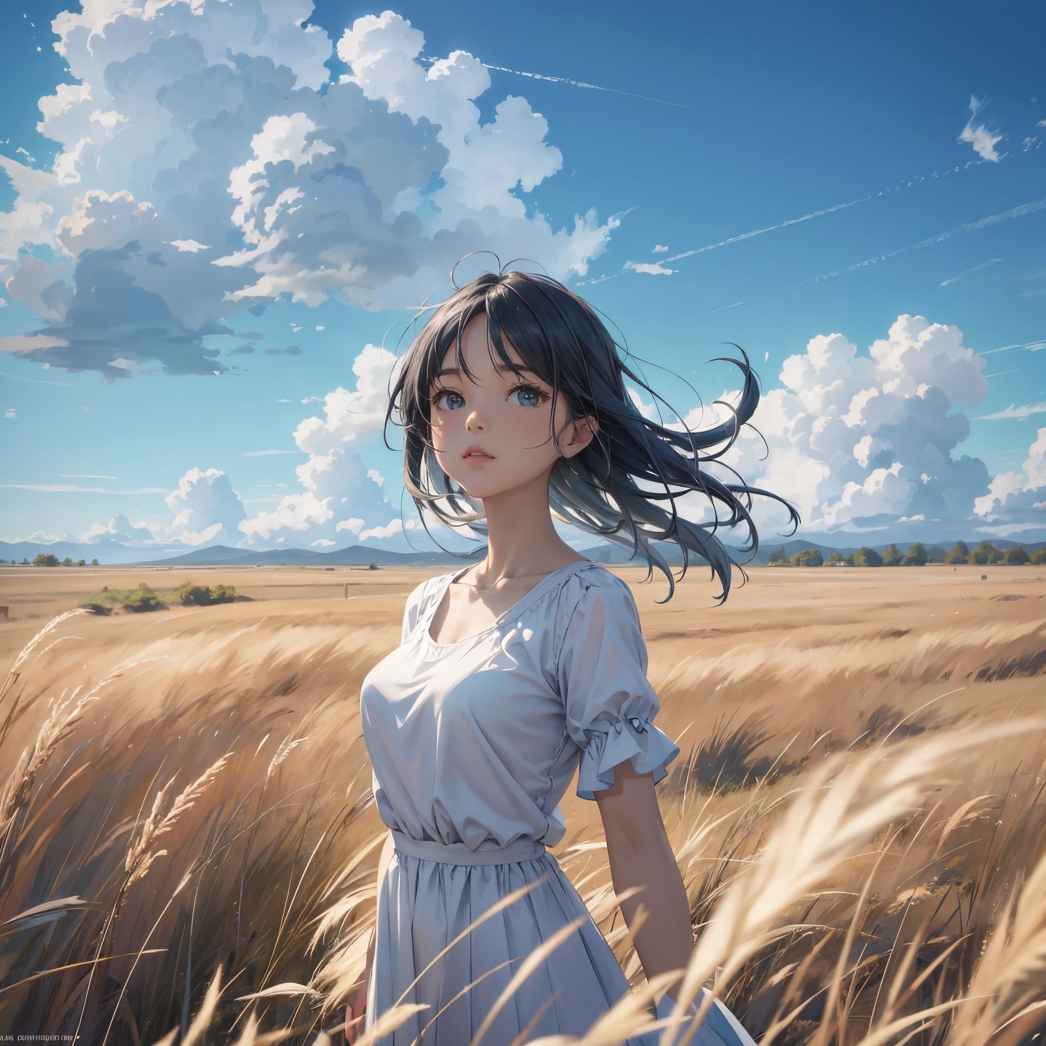 grass field、blue open sky、White cumulonimbus clouds、contrail、glowing sun、Steppe grass swaying in the wind、Photoquality、Live action、Realisticity、Transparency、Realistic depiction、The 8k quality、nffsw、Digital SLR、hightquality、film grains、FujifilmXT3、Girl in white camisole dress、Standing posture、bare-legged、Hair swaying in the wind、Hair to the shoulders、Colossal tits、Big eyes、Medium bob、