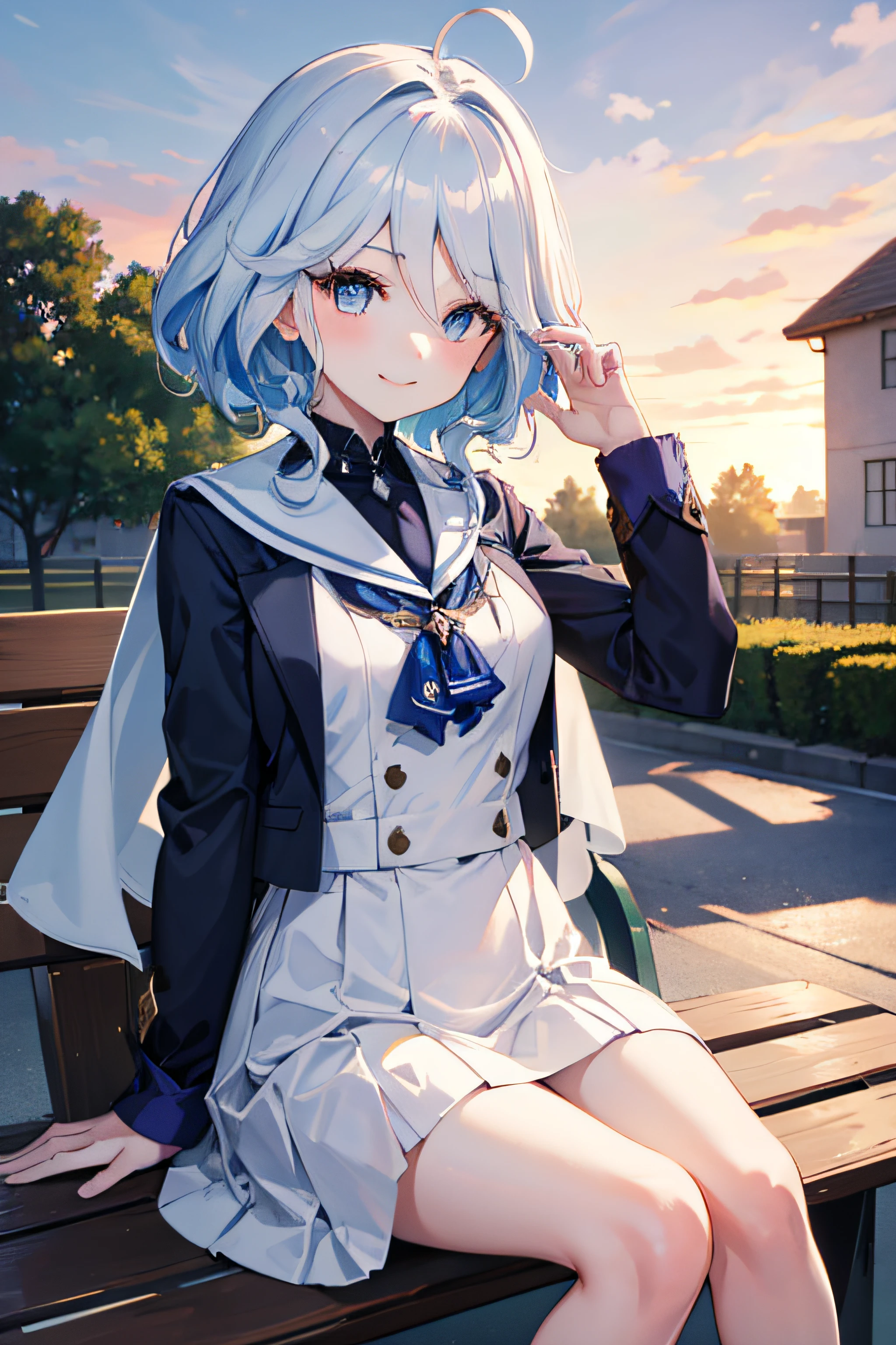 1girl, furina \(genshin impact\), whte dress, white skirt, white sailor collar, white scarf, sitting on bench, blue sky, sunset, outdoors, smile. look at viewers,