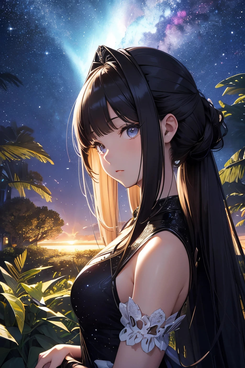 masterpiece、girl with((a beauty girl、high detailed dresses、poneyTail、))、Background with((starrysky、Meteor swarm、black hole))、Huge fantastic tree、It's glowing.、plants、城市、heavy wind