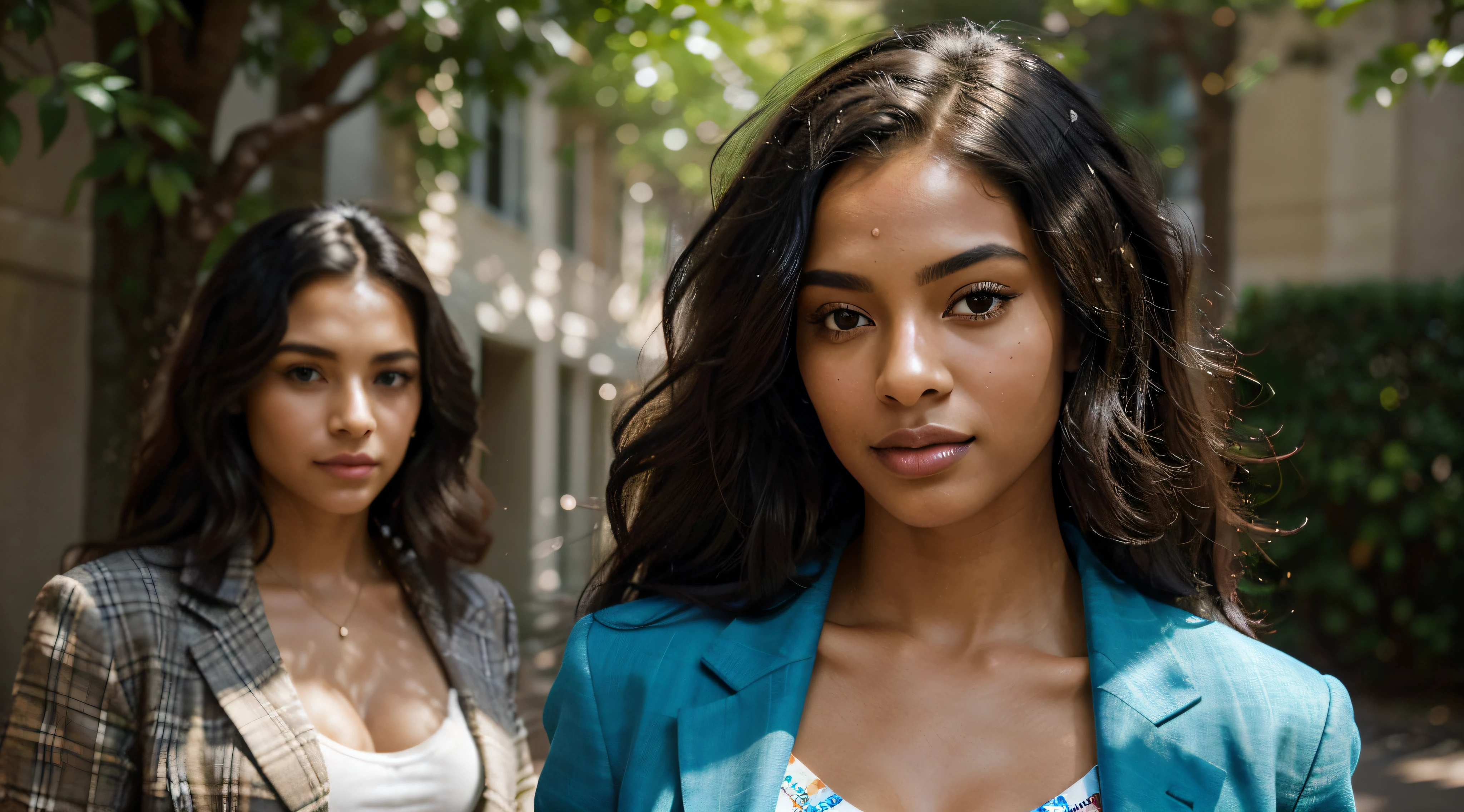 In the vibrant glow of a sunlit afternoon on the university campus, a striking Afro-Brazilian model with a magnificent black power hairstyle, adorned with playful streaks of color, exudes confidence and individuality as she gracefully strolls through the grounds.
Dressed in a stylish ensemble, the model's clothing reflects her vibrant personality. She wears a fashionable blue blazer that adds a touch of sophistication, paired with a crisp white blouse for a classic and timeless look. The sunlight bathes the campus in warmth, creating a captivating play of light and shadows on the cobblestone paths and surrounding greenery.
Her black power hair, a symbol of strength and beauty, frames her face with natural elegance. Playful streaks of color, carefully woven into the curls, catch the sunlight, creating a dynamic and eye-catching effect. Shadows beneath the curls add depth, enhancing the overall visual impact.
Facial features are carefully portrayed, capturing the essence of a confident and radiant demeanor. High cheekbones and captivating, slightly narrowed eyes contribute to an air of grace and sophistication. The lips are full and expressive, enhancing the model's charismatic presence.
The camera angles offer various perspectives, capturing the model in motion as she navigates through the campus scenery. The vibrant streaks of color in her hair stand out against the lush greenery, creating a visually stunning and celebratory display of individuality and diversity.
This detailed image prompt aims to celebrate the radiant diversity and individuality of an Afro-Brazilian model with black power hair adorned with colorful streaks, showcasing her beauty and confident presence on the university campus.
