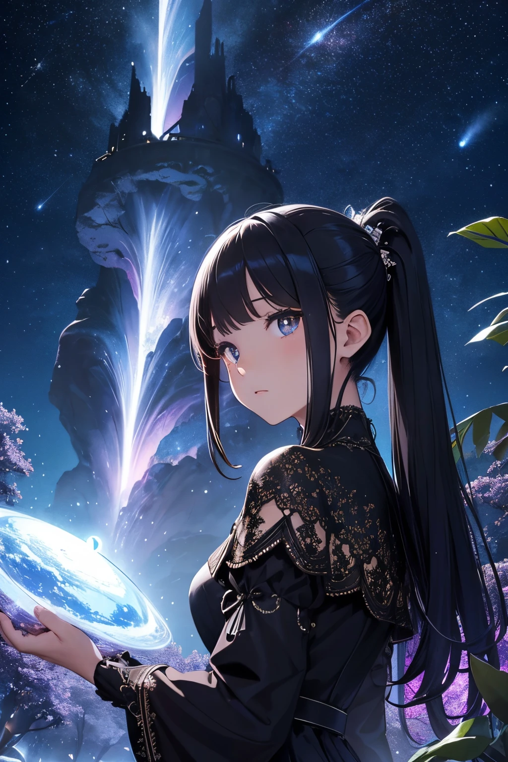 masterpiece、girl with((a beauty girl、high detailed dresses、poneyTail、))、Background with((starrysky、Meteor swarm、black hole))、Huge fantastic tree、It's glowing.、plants、城市、heavy wind