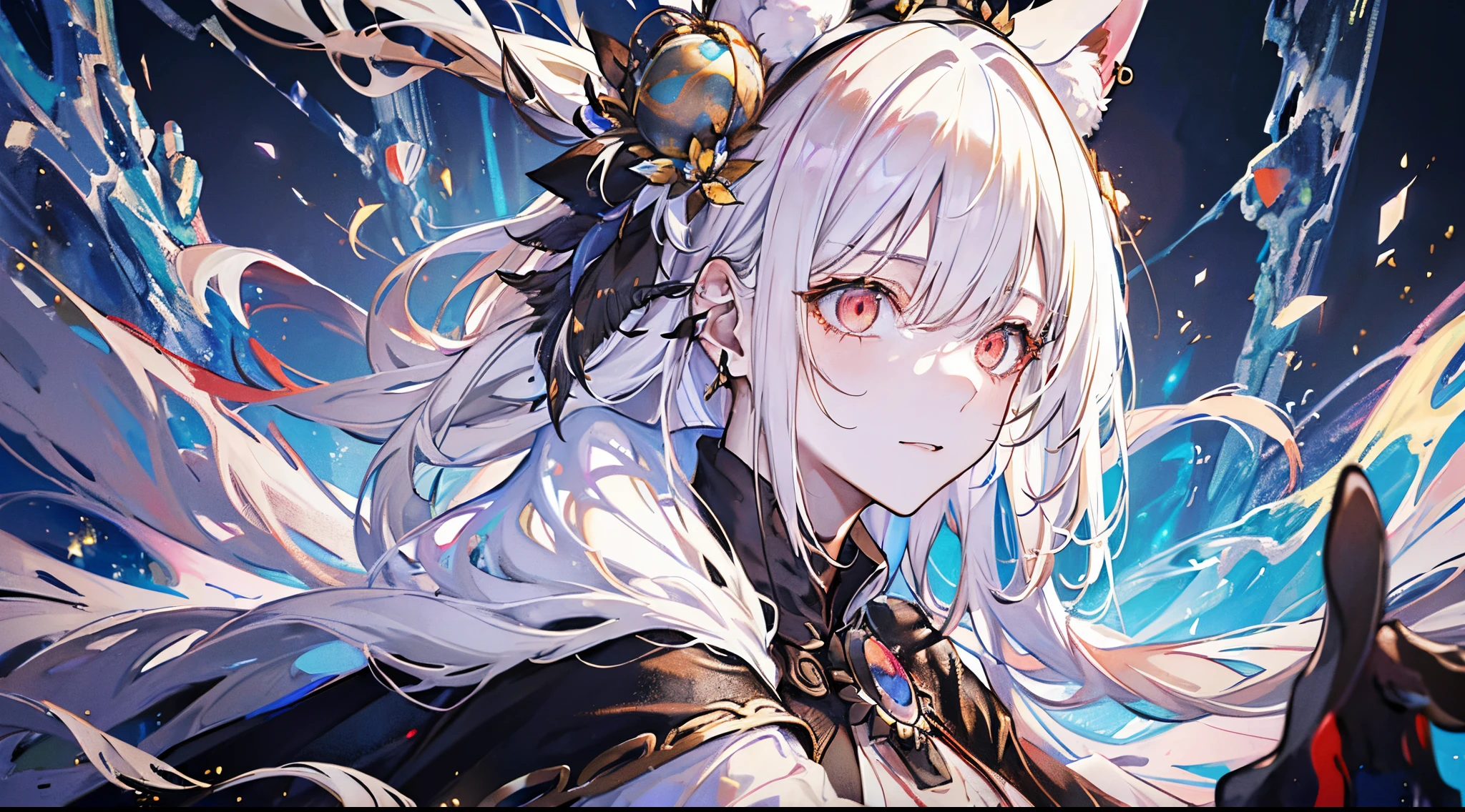Female pervert,The skin is pitifully white,White fox ears,Hair,gold earring,snow mountains,gem jewelry,Tips are highlighted in white, Red deciduous leaves,Mo fantasy,bazaars,fansty world,Dark inside the background,Clean design,Epic Instagram,art stations,Colorful paint splashes,contours,Hyper-detailed intricate details,unreal-engine,Fantastical,Complicated details,Launch image,complementary colours,fantasy concept art,8K分辨率,deviantart's masterpiece,oil painted,whack,paint drops,black flag,(Isolate on a black background:1.3),Rainbow skins,(((A handsome young man))), ((Teenage uncensored:1.5)), (luminous red eyes), ((Eyes have light)),((((White ponytail:1.1))), ((Conservative white casual clothes,Gold pattern)), (ssmile)\\(a happy expression\\),, (((Wears a shabby black robe,High level of detail,Lots of fluff))),(brown gauntlets),《brown pantyhose》,White low ponytail, She has brown hair,Braided,White shiny bangs,Brown comb,shinny hair,puff,(chest muscle) --v 6