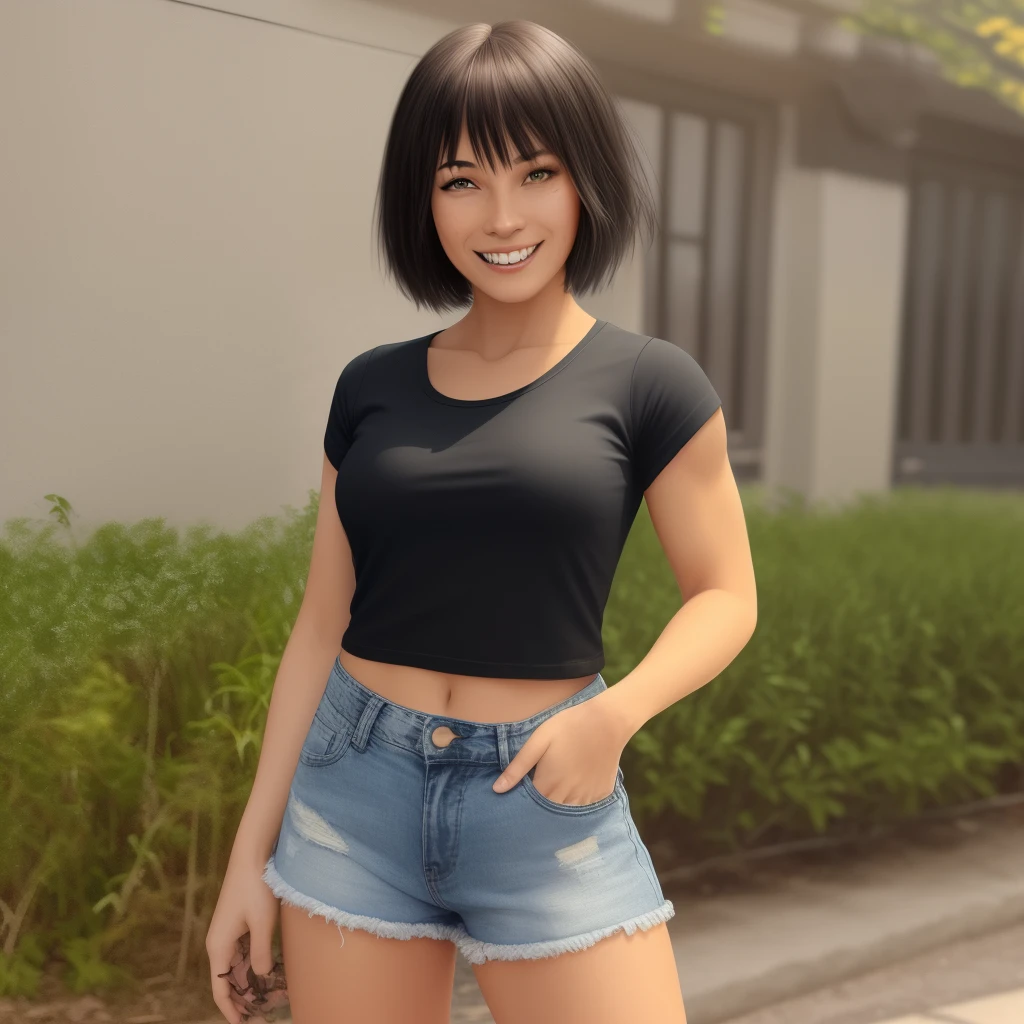 younger looking goblin girl with some muscles. She has green skin, short hair and sharp teeth. She is wearing a black top and ripped denim shorts. She has red eyes and a dark, charming smile.