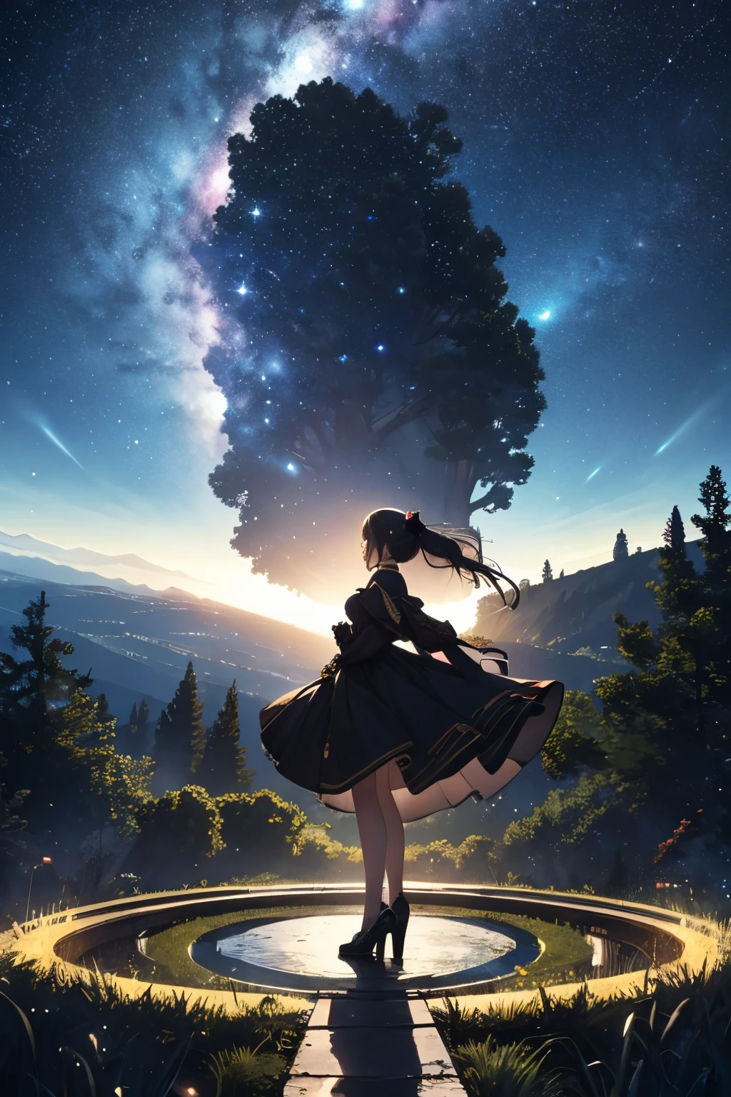 ​masterpiece、girl with（（a beauty girl、high detailed dresses、poneyTail、））、Background with（（starrysky、Meteor swarm、black hole））、Huge fantastic tree、It's glowing.、plants、城市、heavy wind