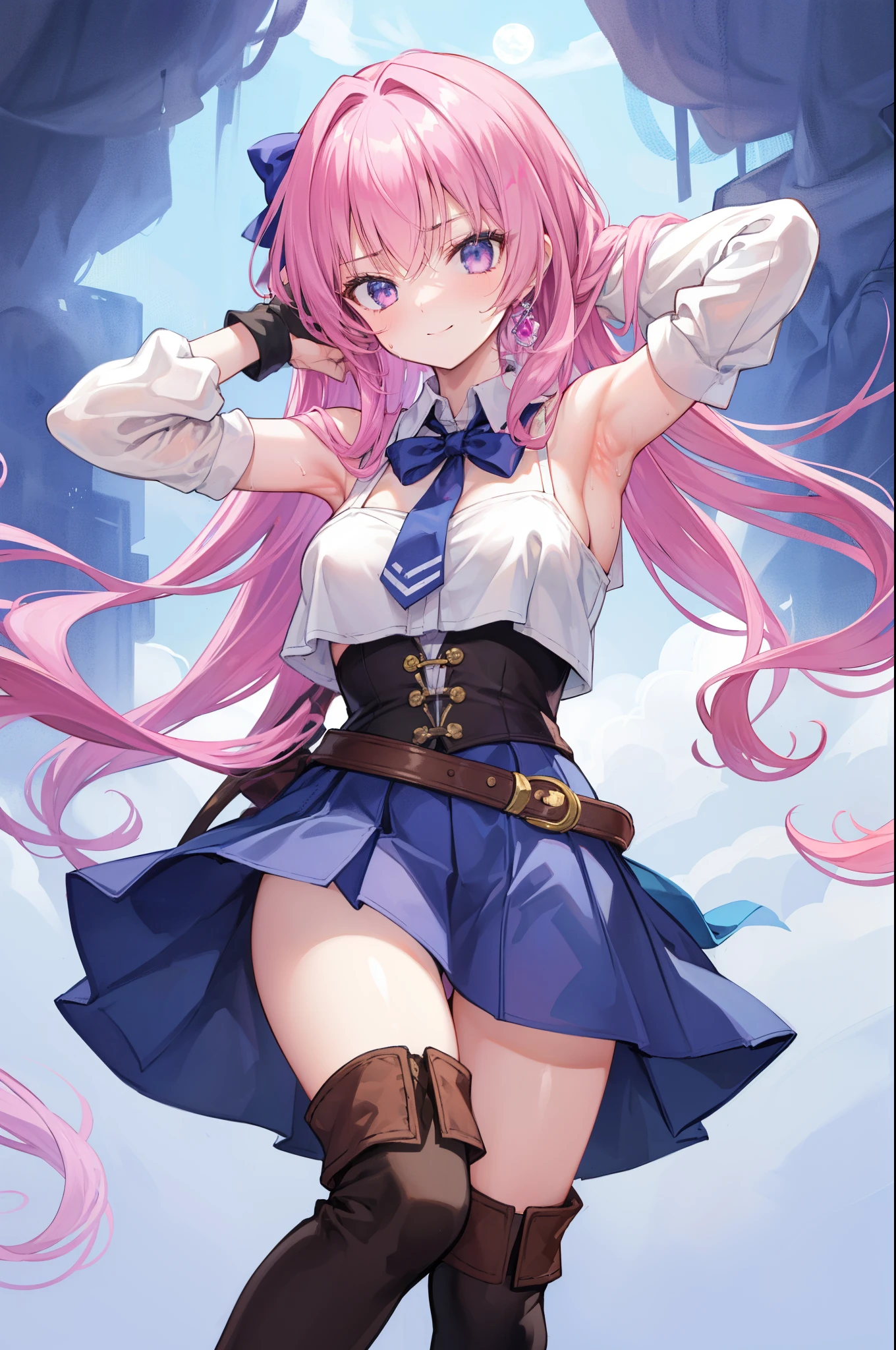 tmasterpiece, top-quality, A high resolution, 8K, A high resolution, ultra - detailed, 1 girl in, (Anatomically correct), The limbs are intact, Complete fingers, Slim 18 year old beautiful active girl,Purple eye, eyes elongated, A long pink hair,, (white skinned:1.2), Mariner Moon: 1.3, (white straitjacket), (Blue sailor color), the bow, (Over-the-knee boots:1.1), collars, (whitegloves), Blue collar, (Wear gloves on elbows), (a blue skirt), A lone, A smile, High school students, Full body like, Bust 86, Waist circumference 58, Hip 88, (Covered in sweat), (Place your hands behind your head, Exposing armpits:1.28), (Tempered body, tonedbody, abdominal muscle split:1.1), (A sexy pose)