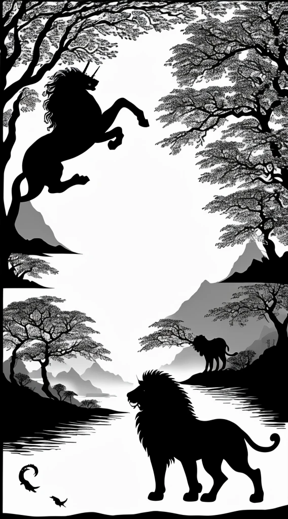 Silhouette of the Nian beast from the Classic of Mountains and Seas(Huge size,Firstborn unicorn)(A white-haired unicorn that looks like a combination of a lion and a dog)black and white picture